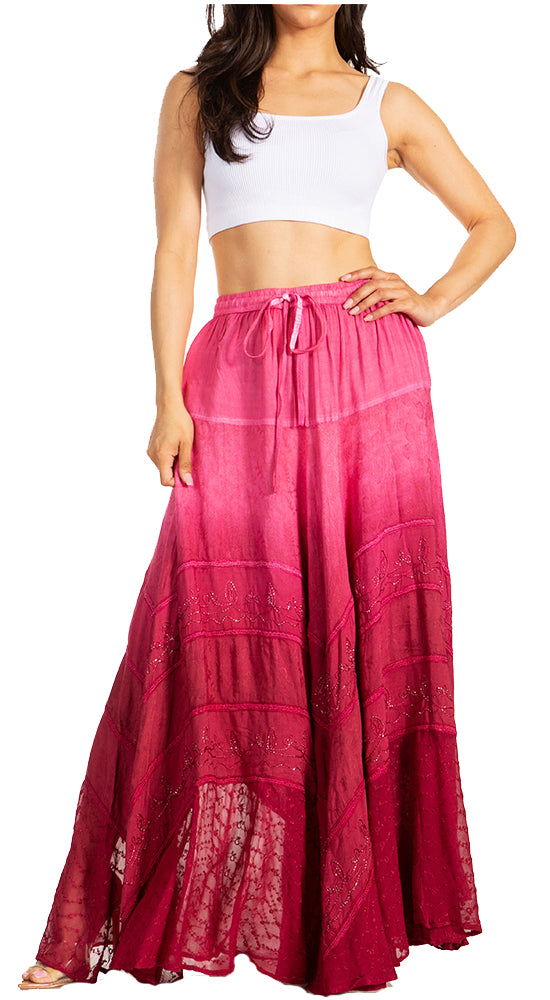Sakkas Lyra Womens Bohemian Soft Brocade Rayon Tiered Embroidered Flowy Long Skirt - Concordia Style Boutique