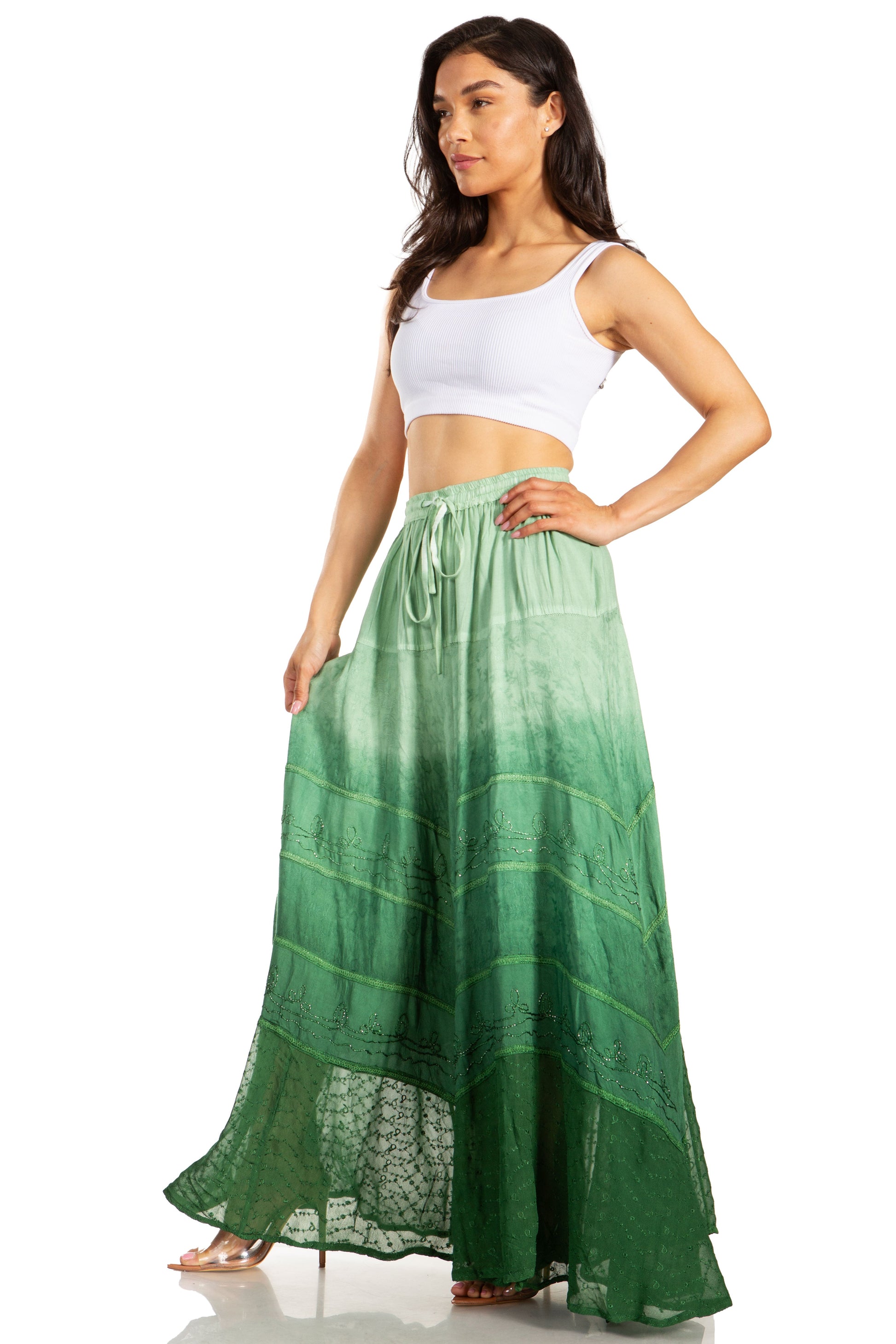 Sakkas Lyra Womens Bohemian Soft Brocade Rayon Tiered Embroidered Flowy Long Skirt - Concordia Style Boutique