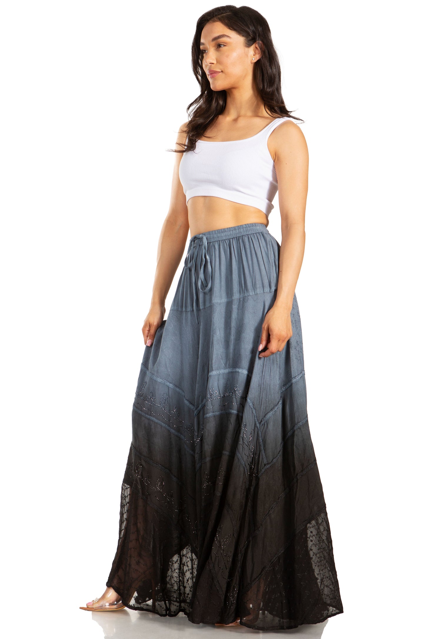 Sakkas Lyra Womens Bohemian Soft Brocade Rayon Tiered Embroidered Flowy Long Skirt - Concordia Style Boutique