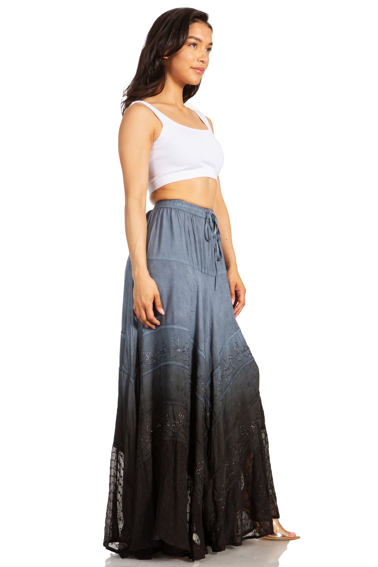 Sakkas Lyra Womens Bohemian Soft Brocade Rayon Tiered Embroidered Flowy Long Skirt - Concordia Style Boutique