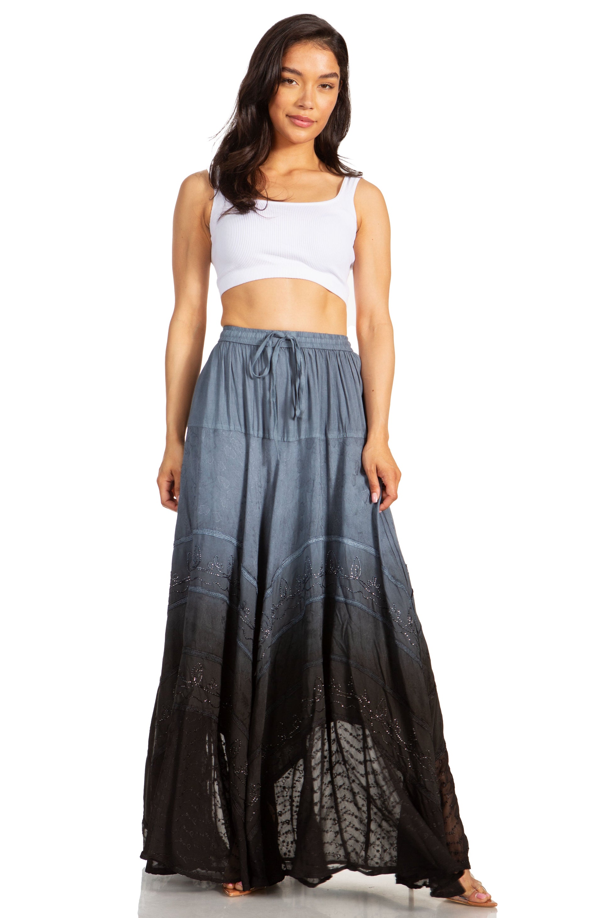 Sakkas Lyra Womens Bohemian Soft Brocade Rayon Tiered Embroidered Flowy Long Skirt - Concordia Style Boutique