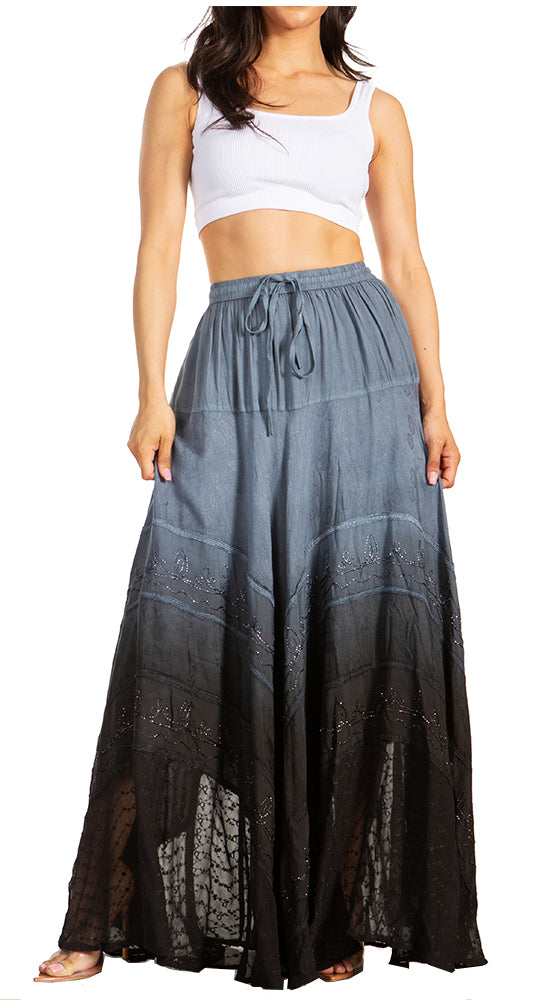 Sakkas Lyra Womens Bohemian Soft Brocade Rayon Tiered Embroidered Flowy Long Skirt - Concordia Style Boutique