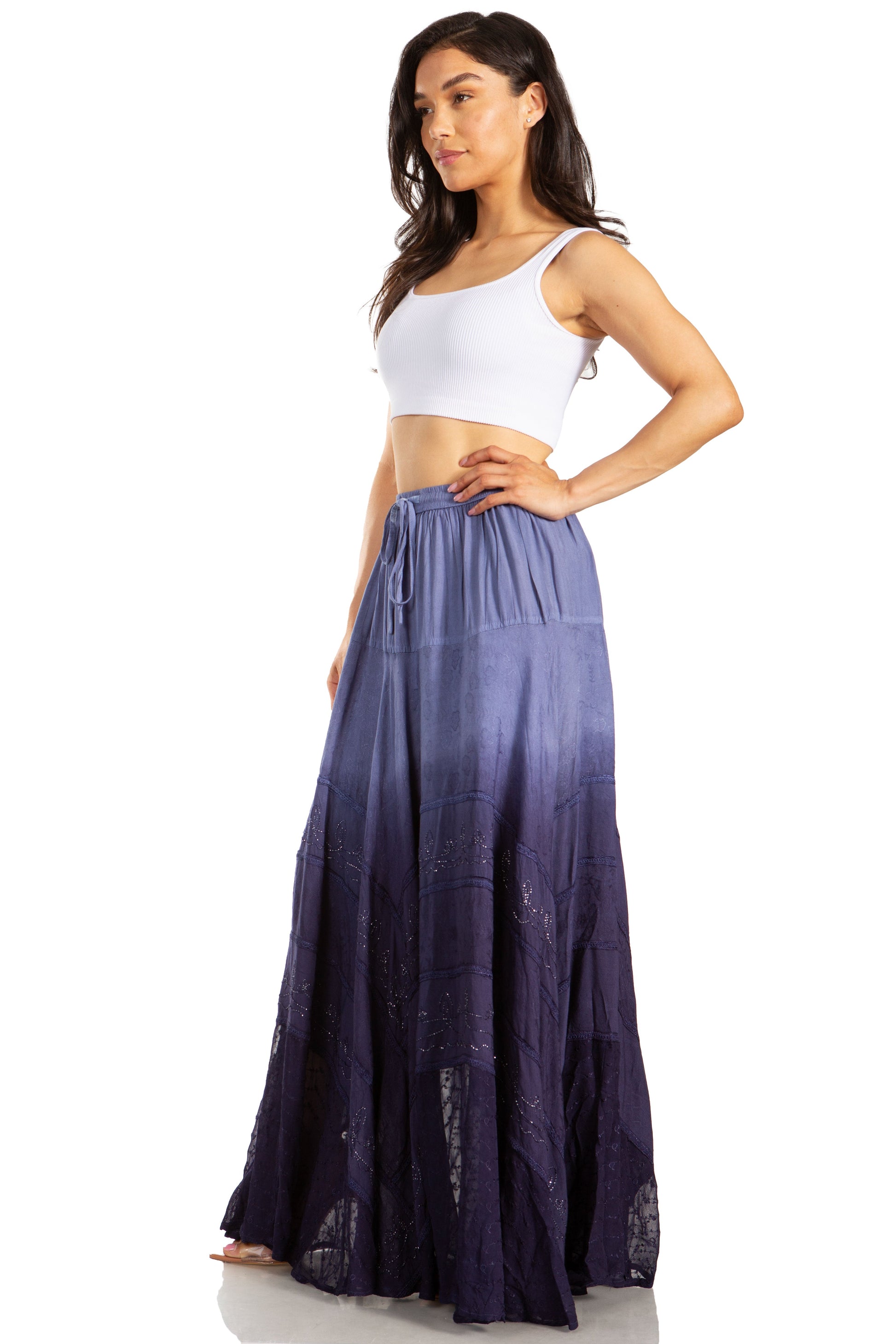 Sakkas Lyra Womens Bohemian Soft Brocade Rayon Tiered Embroidered Flowy Long Skirt - Concordia Style Boutique