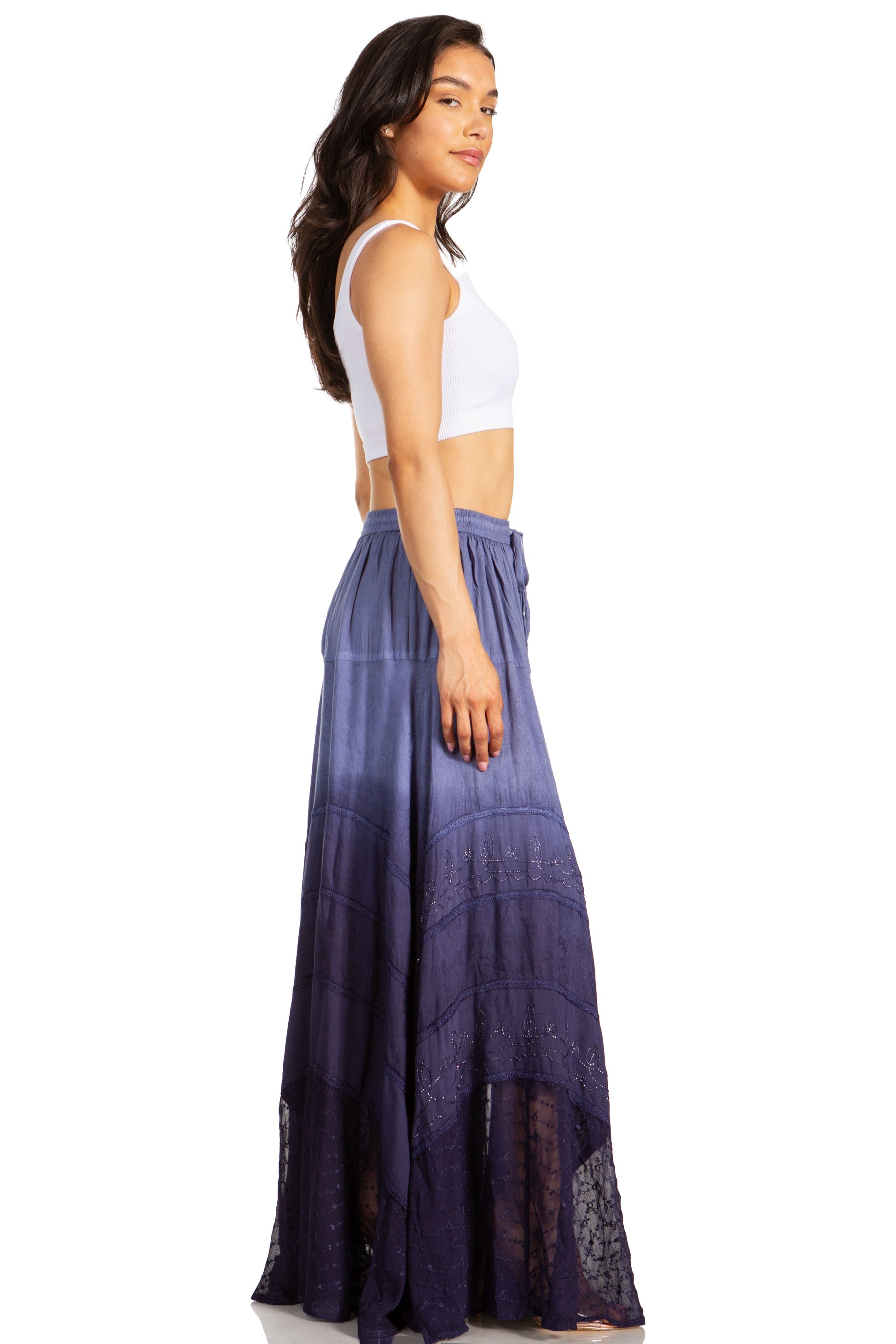 Sakkas Lyra Womens Bohemian Soft Brocade Rayon Tiered Embroidered Flowy Long Skirt - Concordia Style Boutique