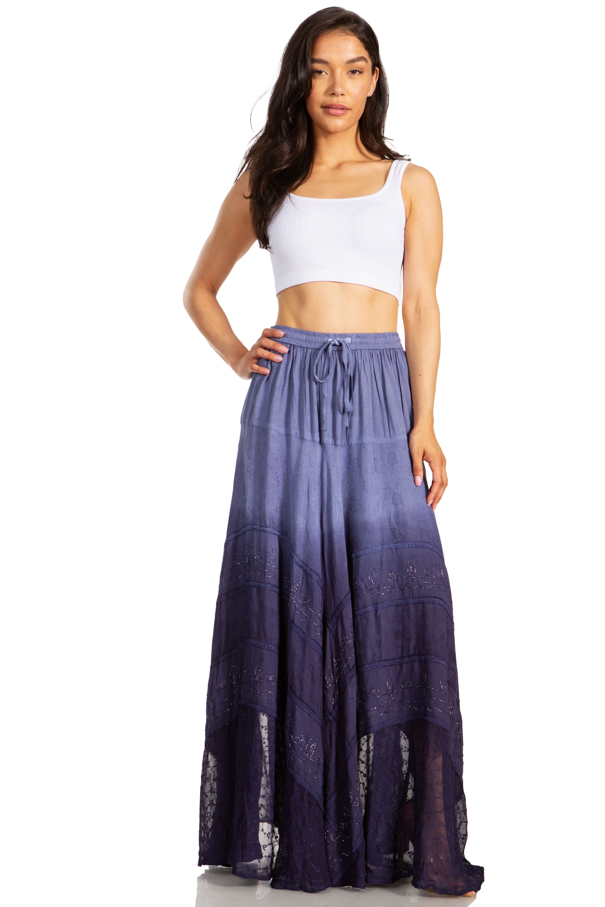 Sakkas Lyra Womens Bohemian Soft Brocade Rayon Tiered Embroidered Flowy Long Skirt - Concordia Style Boutique