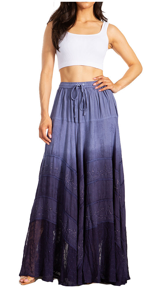 Sakkas Lyra Womens Bohemian Soft Brocade Rayon Tiered Embroidered Flowy Long Skirt - Concordia Style Boutique