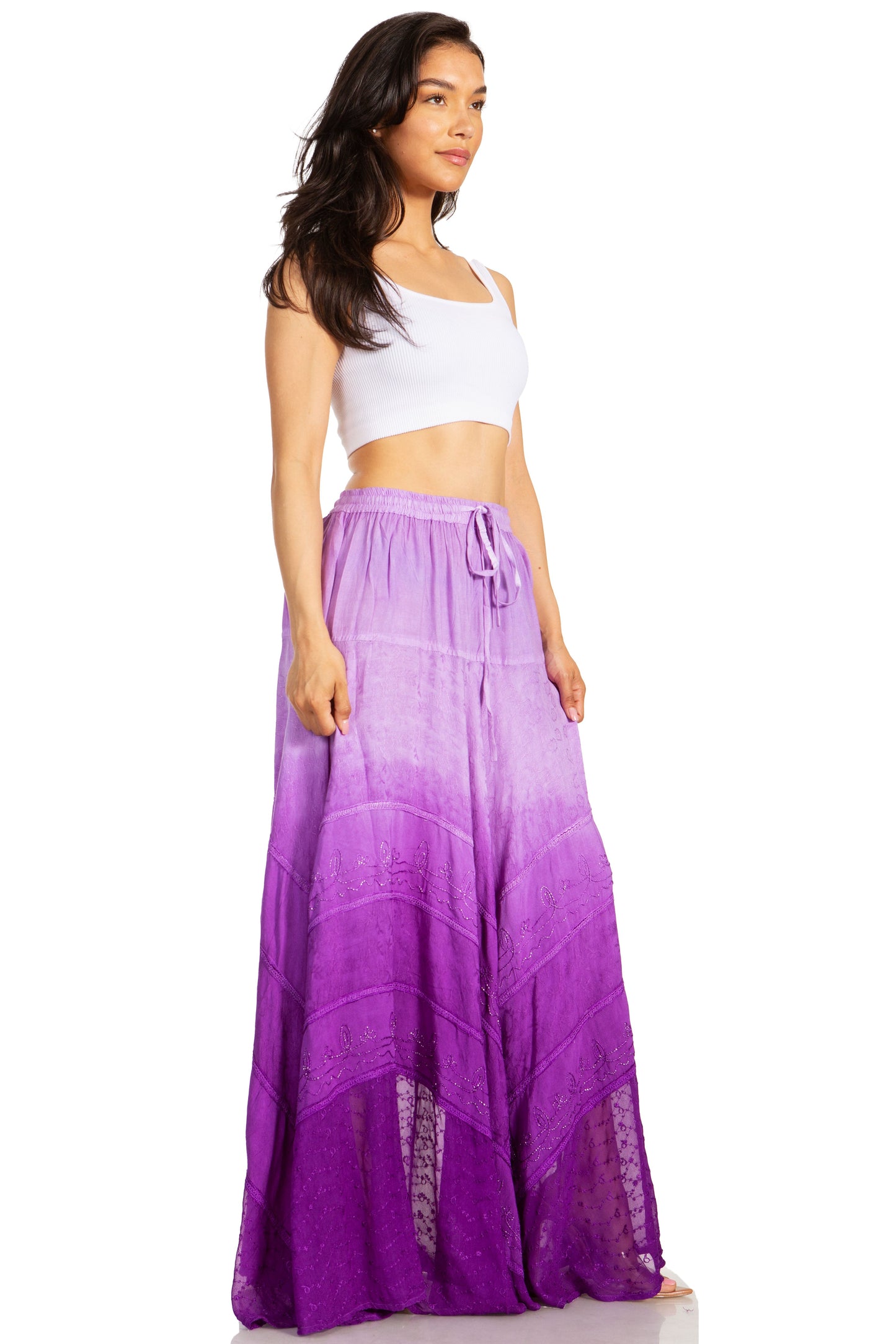 Sakkas Lyra Womens Bohemian Soft Brocade Rayon Tiered Embroidered Flowy Long Skirt - Concordia Style Boutique