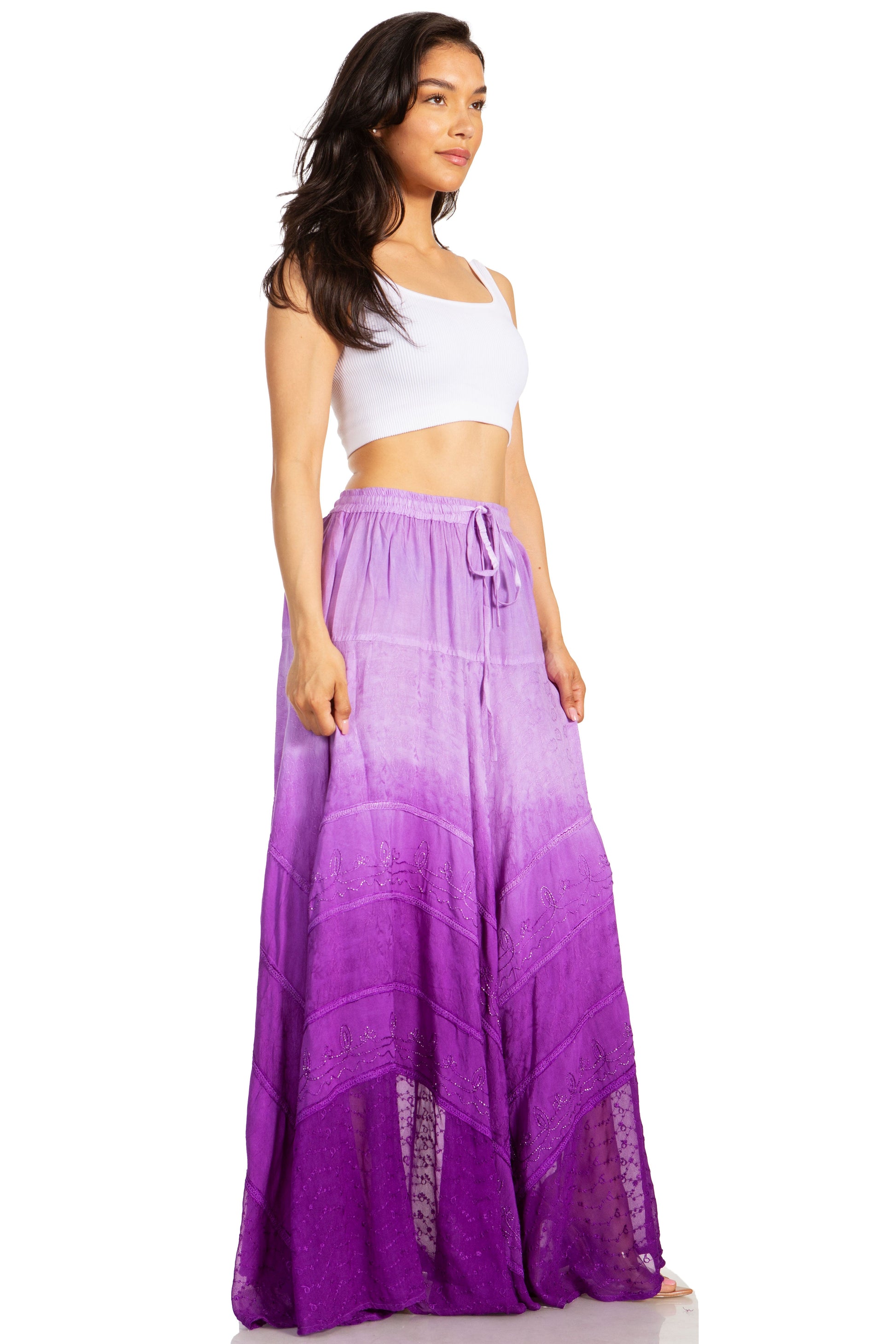 Sakkas Lyra Womens Bohemian Soft Brocade Rayon Tiered Embroidered Flowy Long Skirt - Concordia Style Boutique