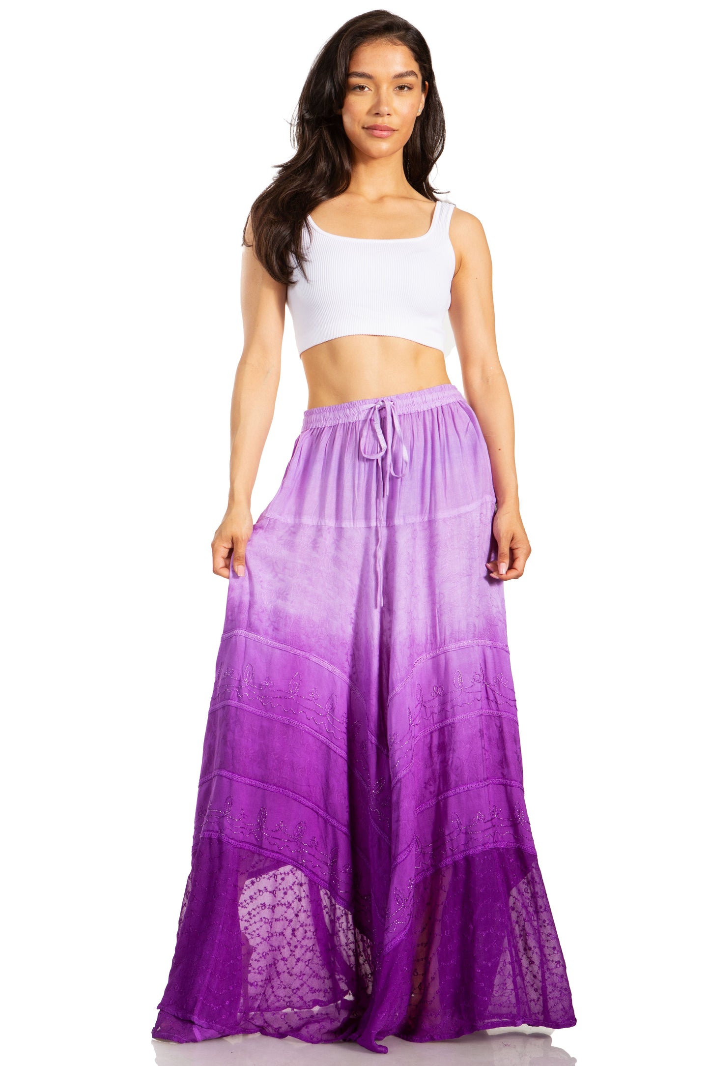 Sakkas Lyra Womens Bohemian Soft Brocade Rayon Tiered Embroidered Flowy Long Skirt - Concordia Style Boutique