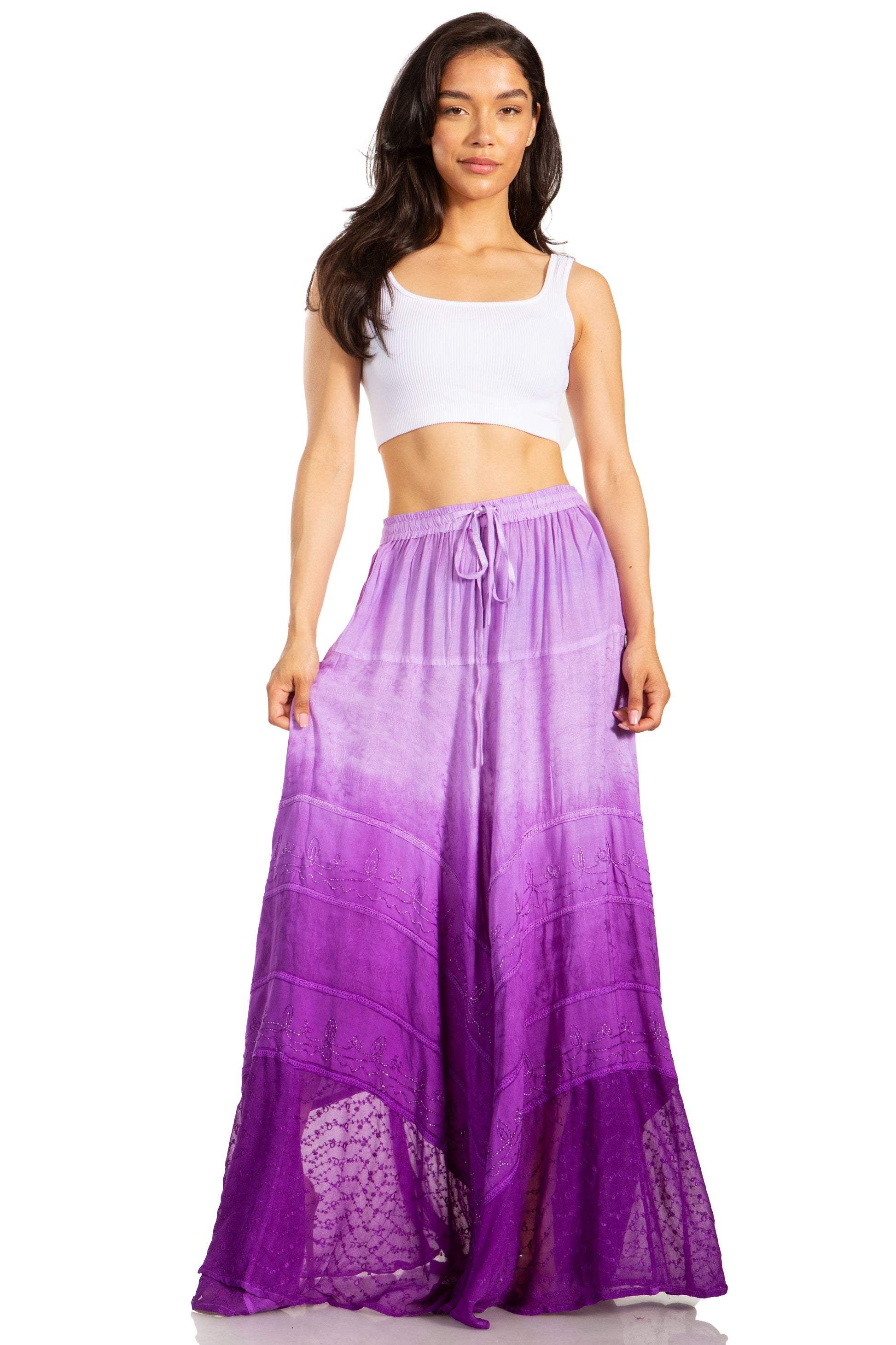 Sakkas Lyra Womens Bohemian Soft Brocade Rayon Tiered Embroidered Flowy Long Skirt - Concordia Style Boutique