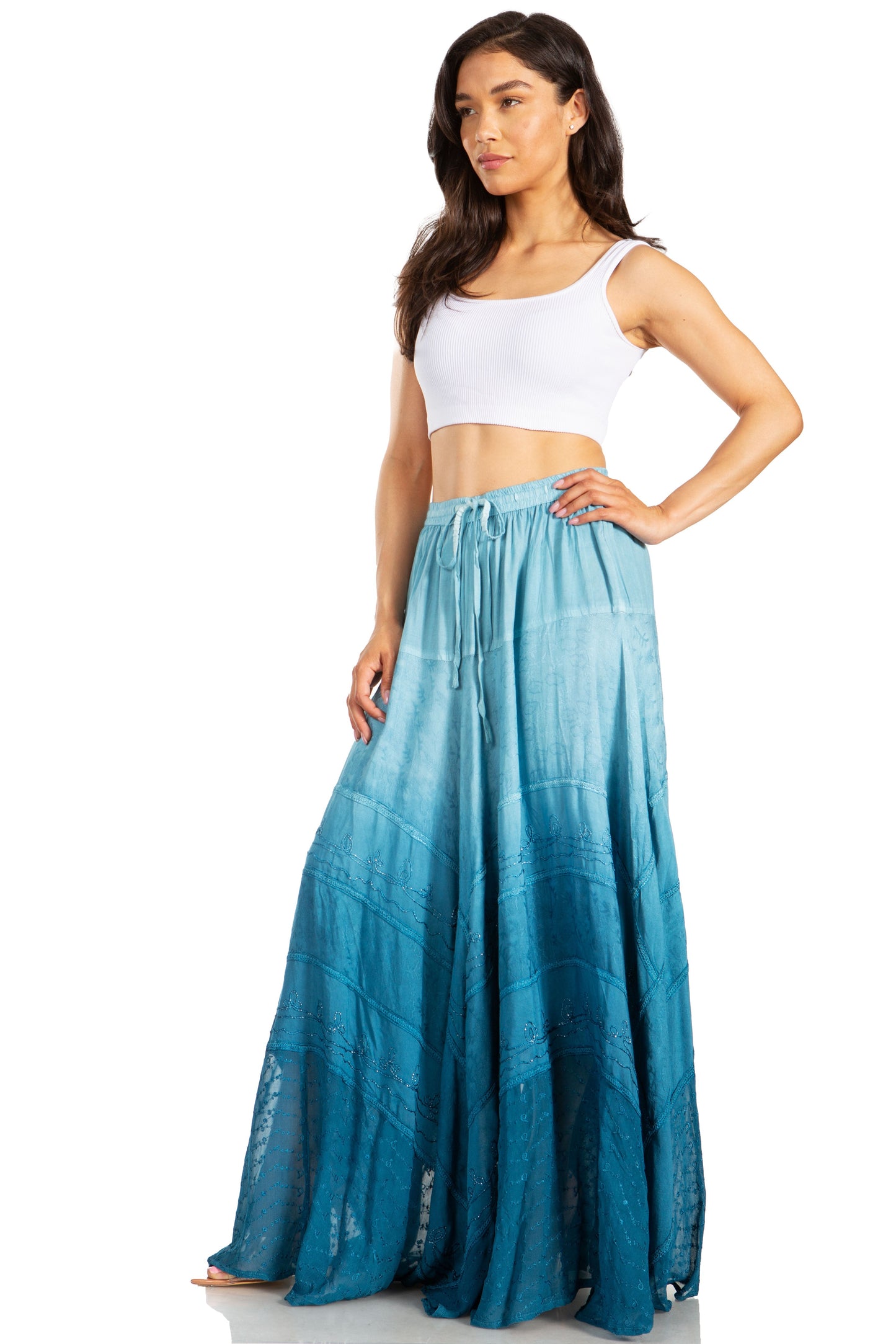 Sakkas Lyra Womens Bohemian Soft Brocade Rayon Tiered Embroidered Flowy Long Skirt - Concordia Style Boutique