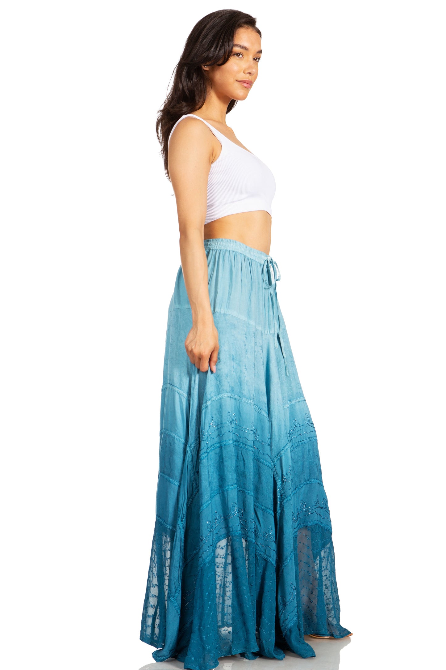 Sakkas Lyra Womens Bohemian Soft Brocade Rayon Tiered Embroidered Flowy Long Skirt - Concordia Style Boutique
