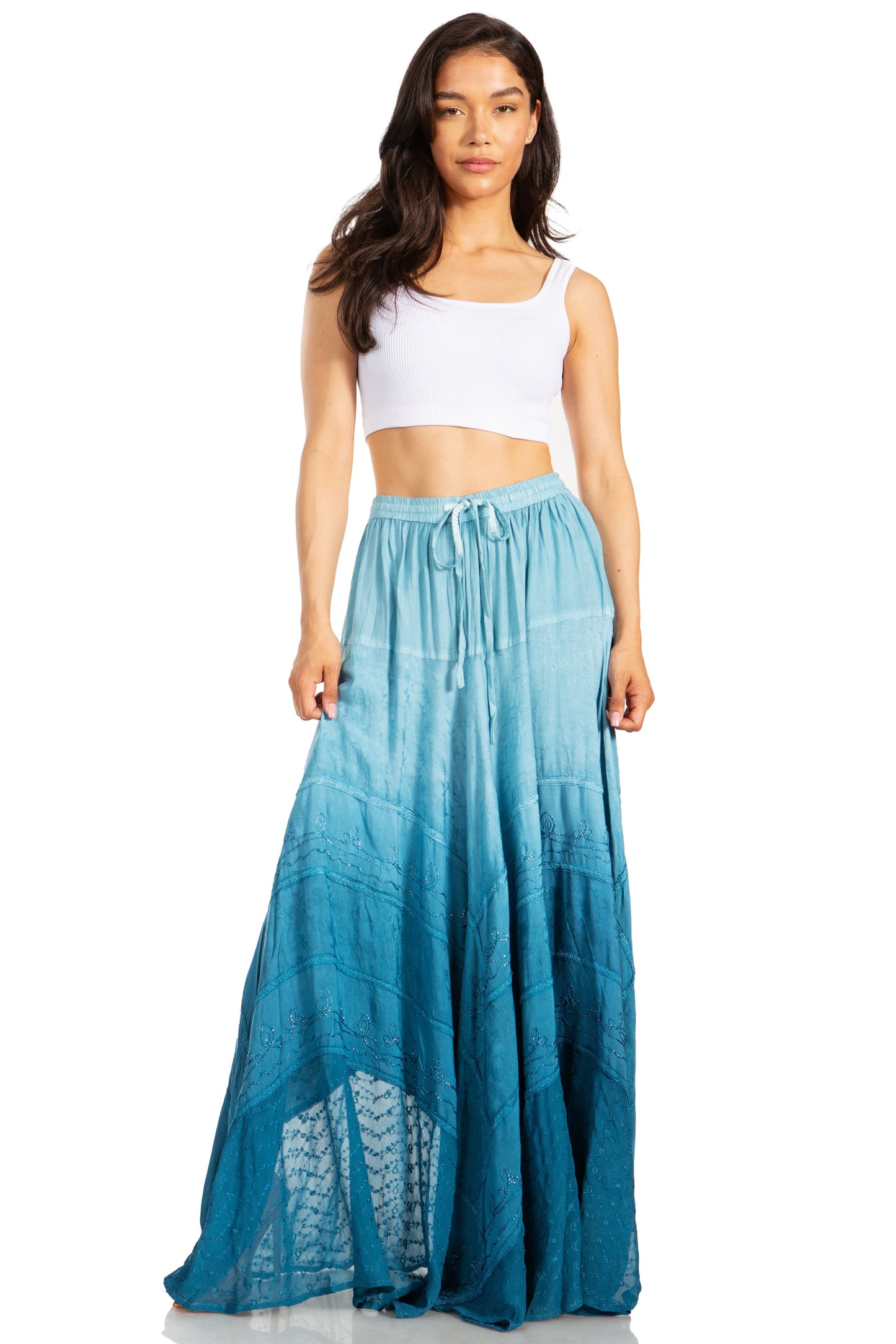 Sakkas Lyra Womens Bohemian Soft Brocade Rayon Tiered Embroidered Flowy Long Skirt - Concordia Style Boutique