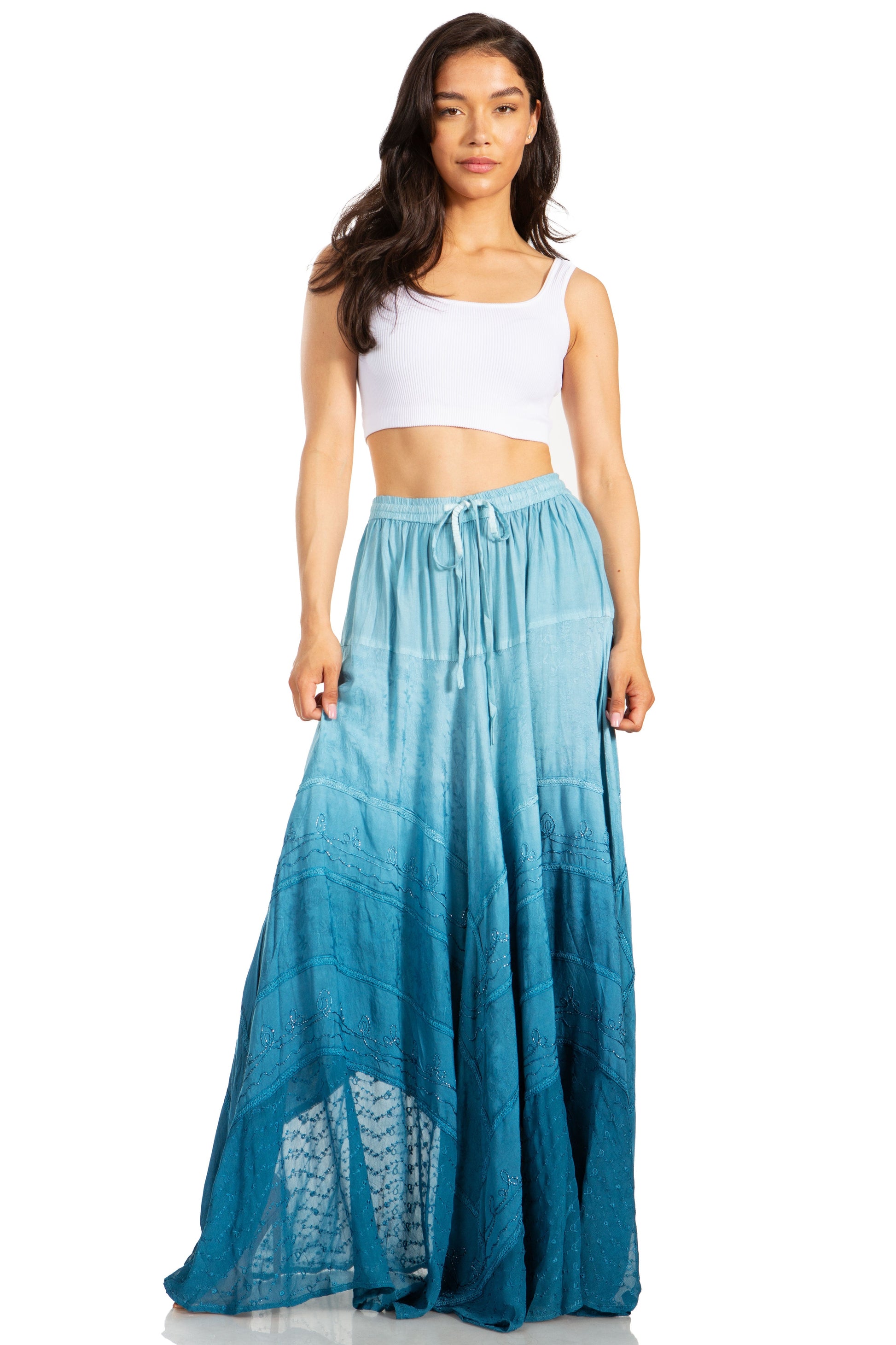 Sakkas Lyra Womens Bohemian Soft Brocade Rayon Tiered Embroidered Flowy Long Skirt - Concordia Style Boutique