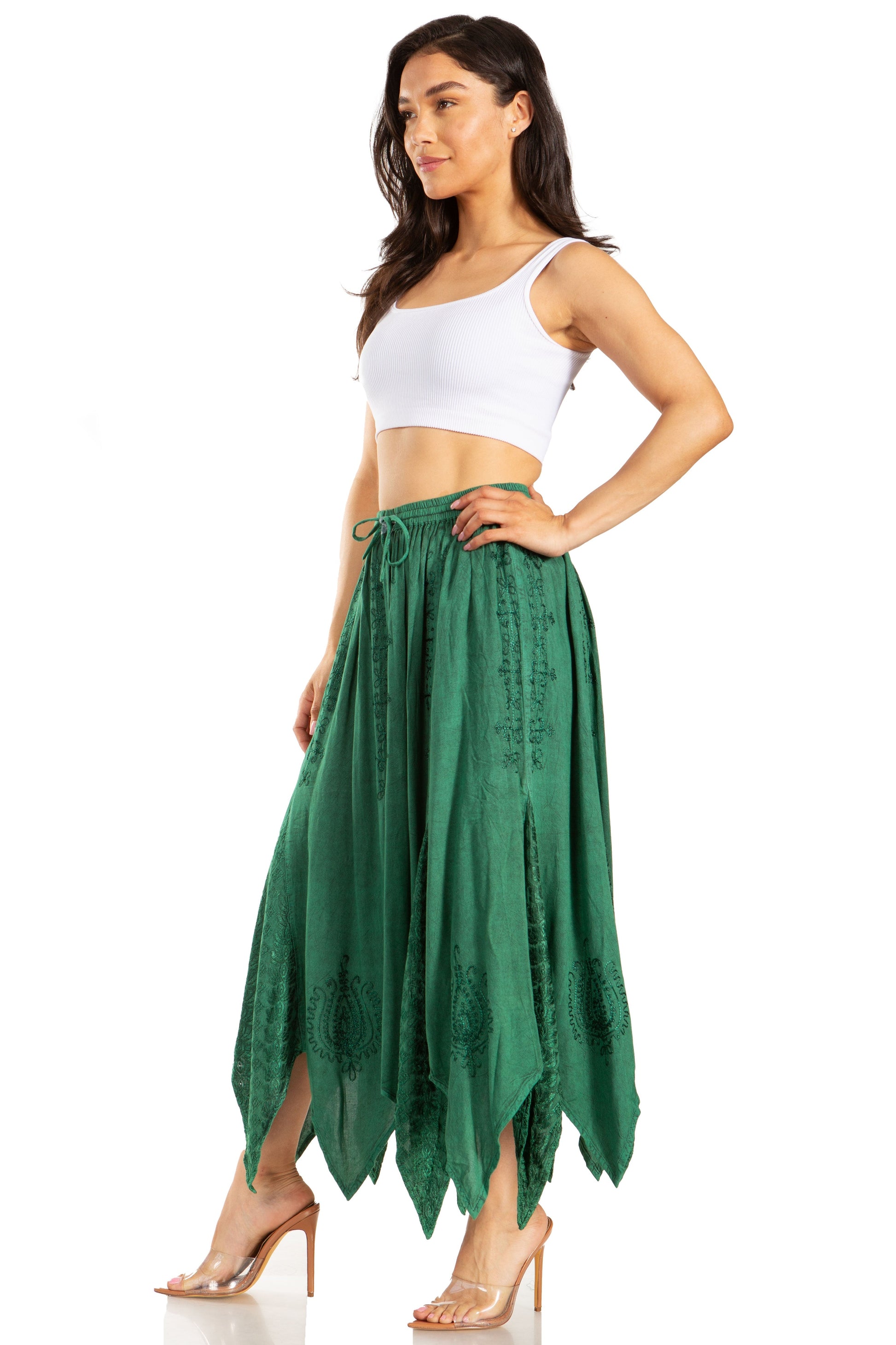 Sakkas Emery Womens Vintage Retro Maxi Rayon Embroidered Zigzag Hem Flowy Skirt - Concordia Style Boutique