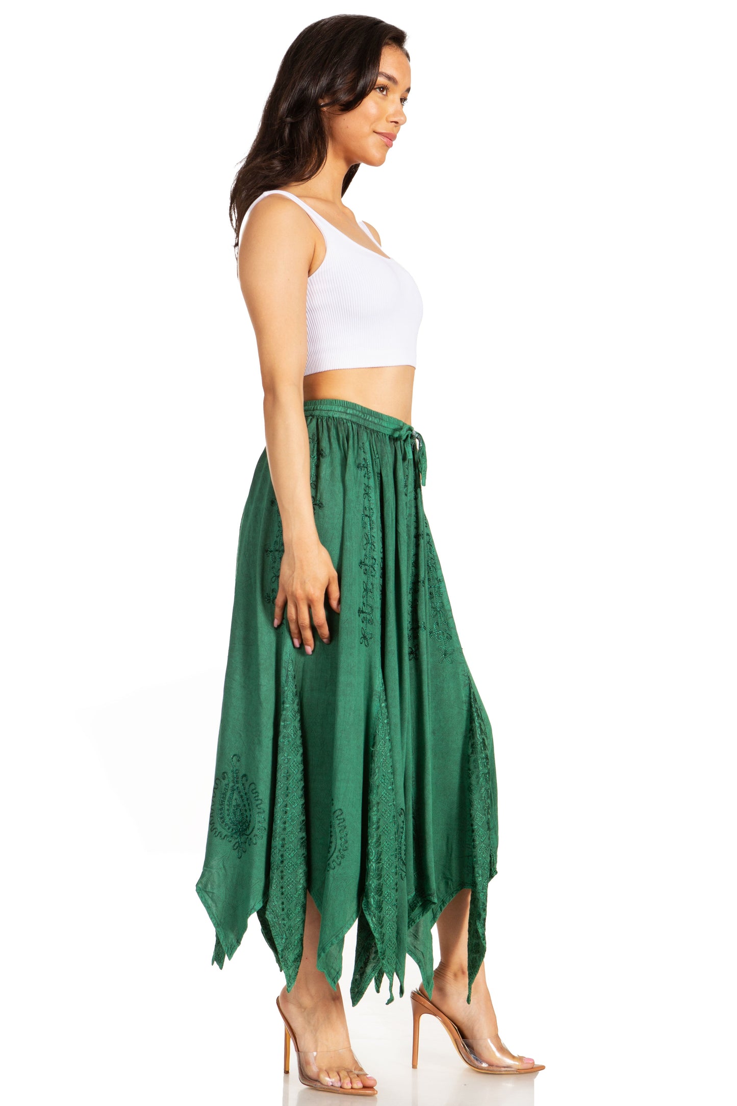 Sakkas Emery Womens Vintage Retro Maxi Rayon Embroidered Zigzag Hem Flowy Skirt - Concordia Style Boutique