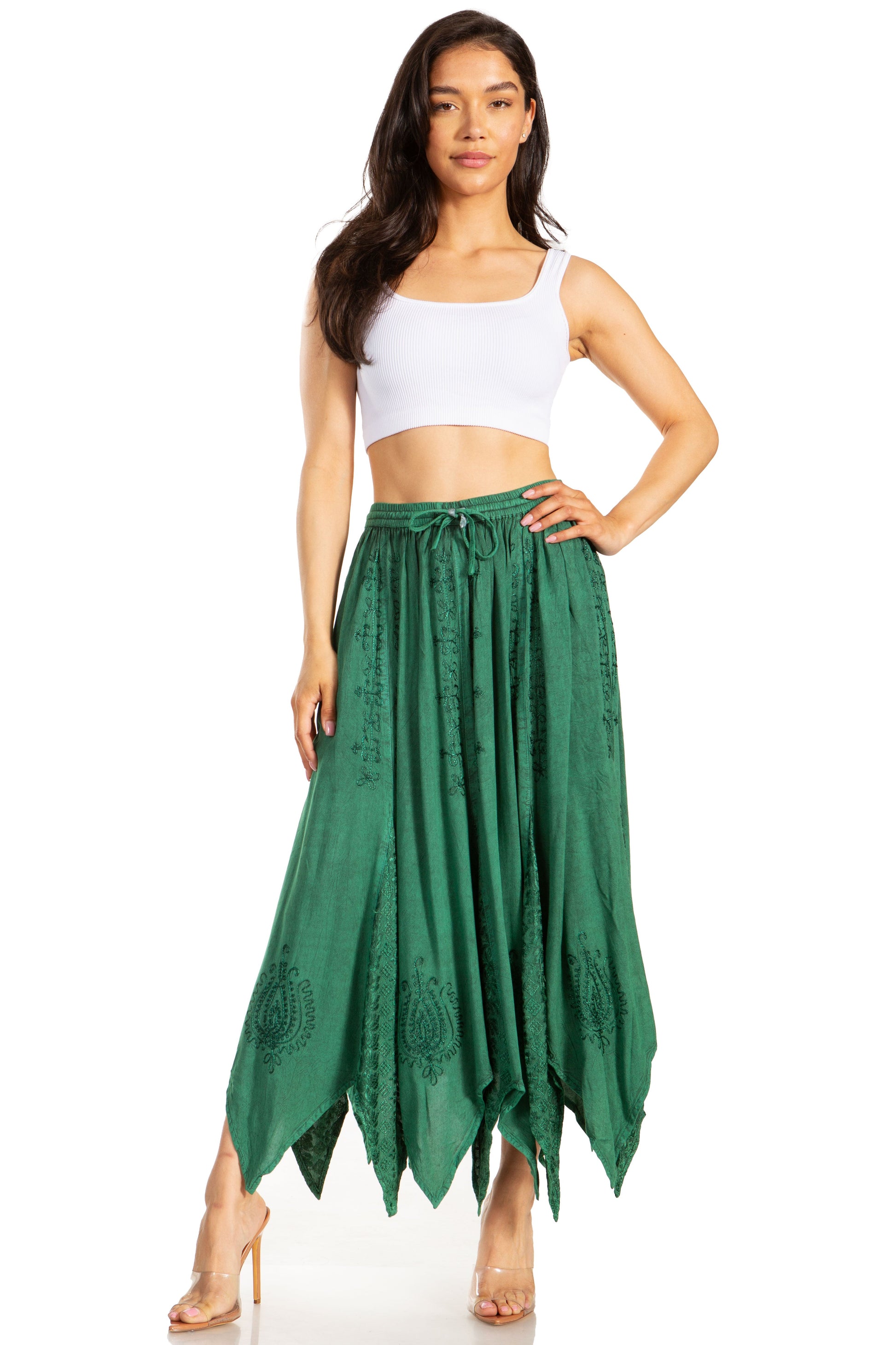 Sakkas Emery Womens Vintage Retro Maxi Rayon Embroidered Zigzag Hem Flowy Skirt - Concordia Style Boutique