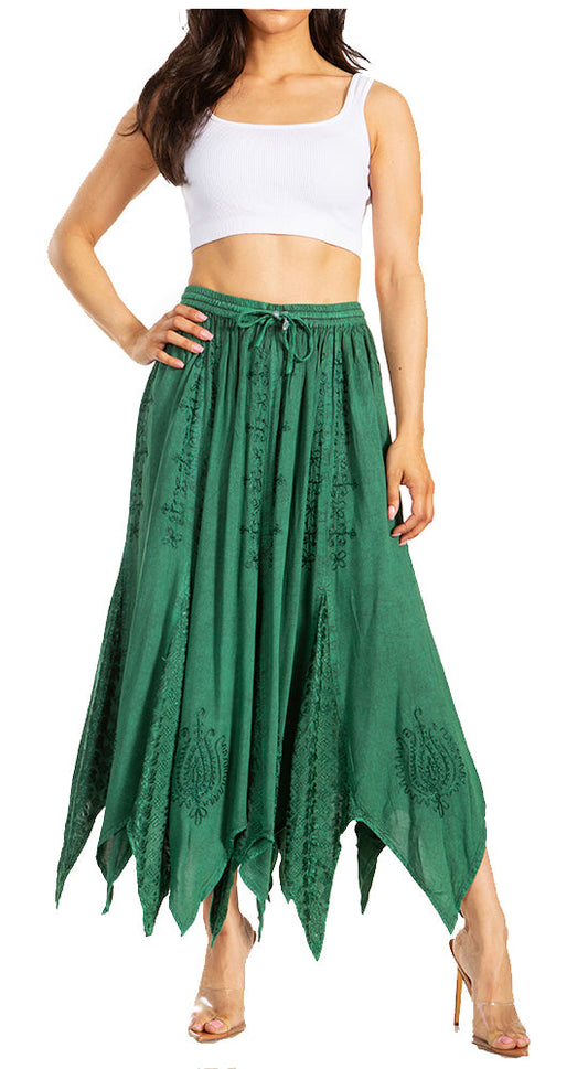 Sakkas Emery Womens Vintage Retro Maxi Rayon Embroidered Zigzag Hem Flowy Skirt - Concordia Style Boutique