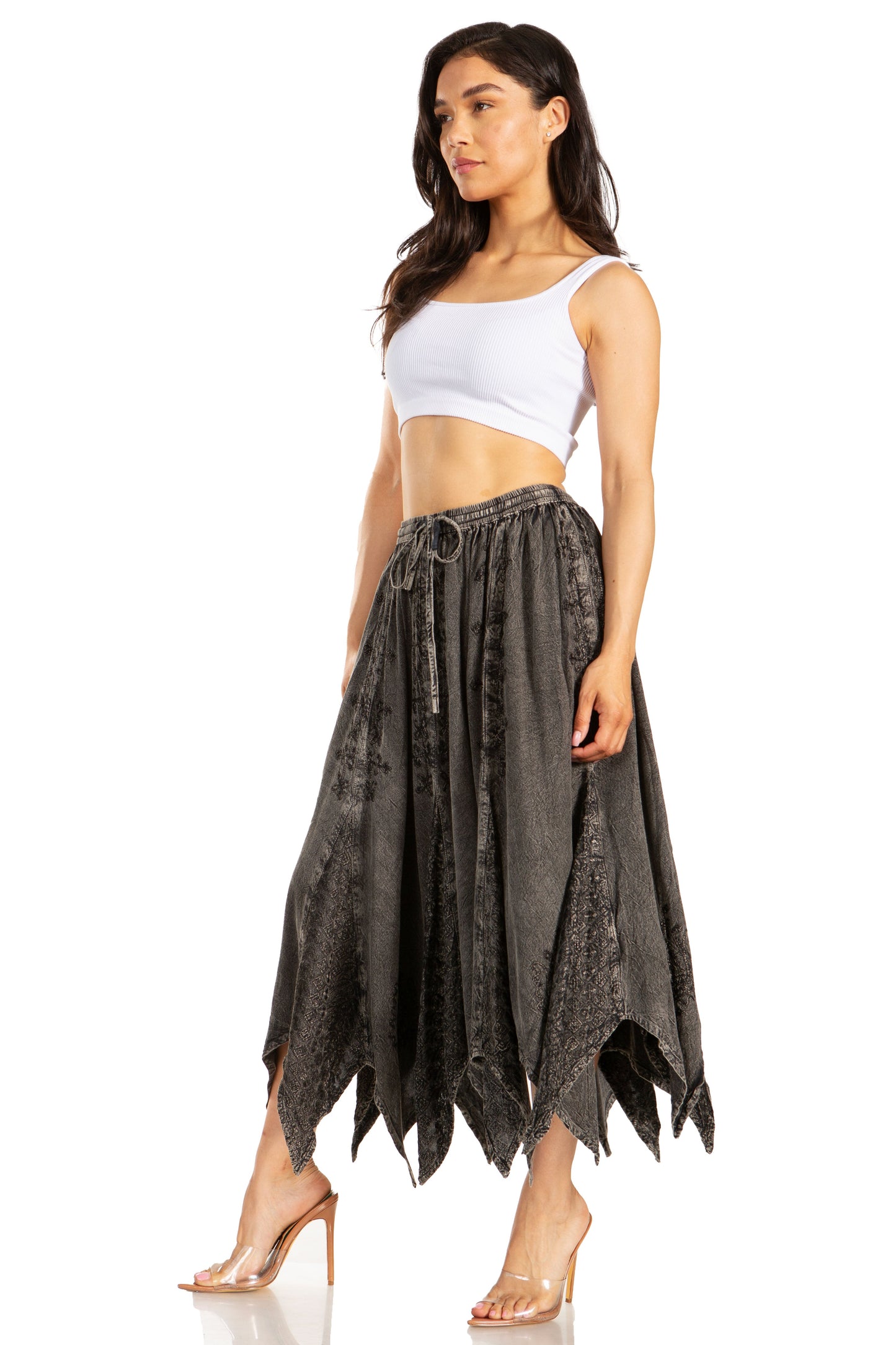 Sakkas Emery Womens Vintage Retro Maxi Rayon Embroidered Zigzag Hem Flowy Skirt - Concordia Style Boutique
