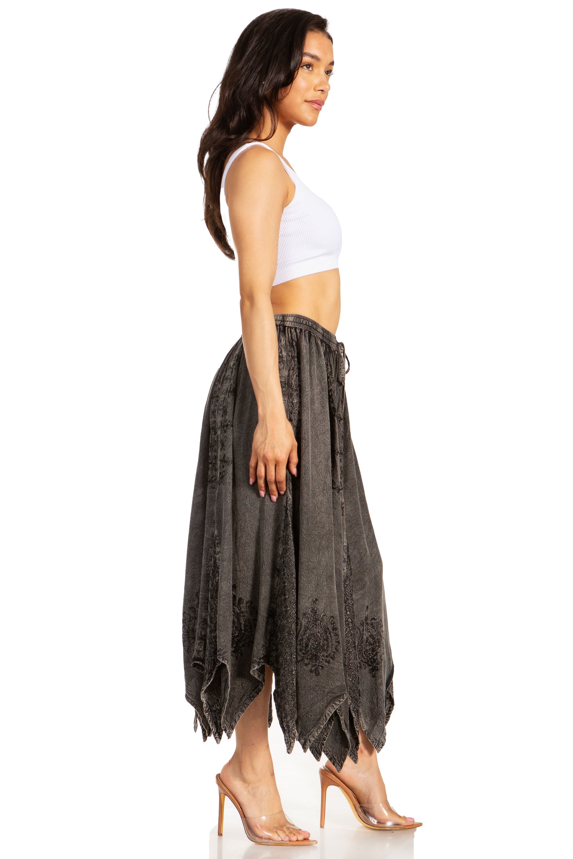 Sakkas Emery Womens Vintage Retro Maxi Rayon Embroidered Zigzag Hem Flowy Skirt - Concordia Style Boutique