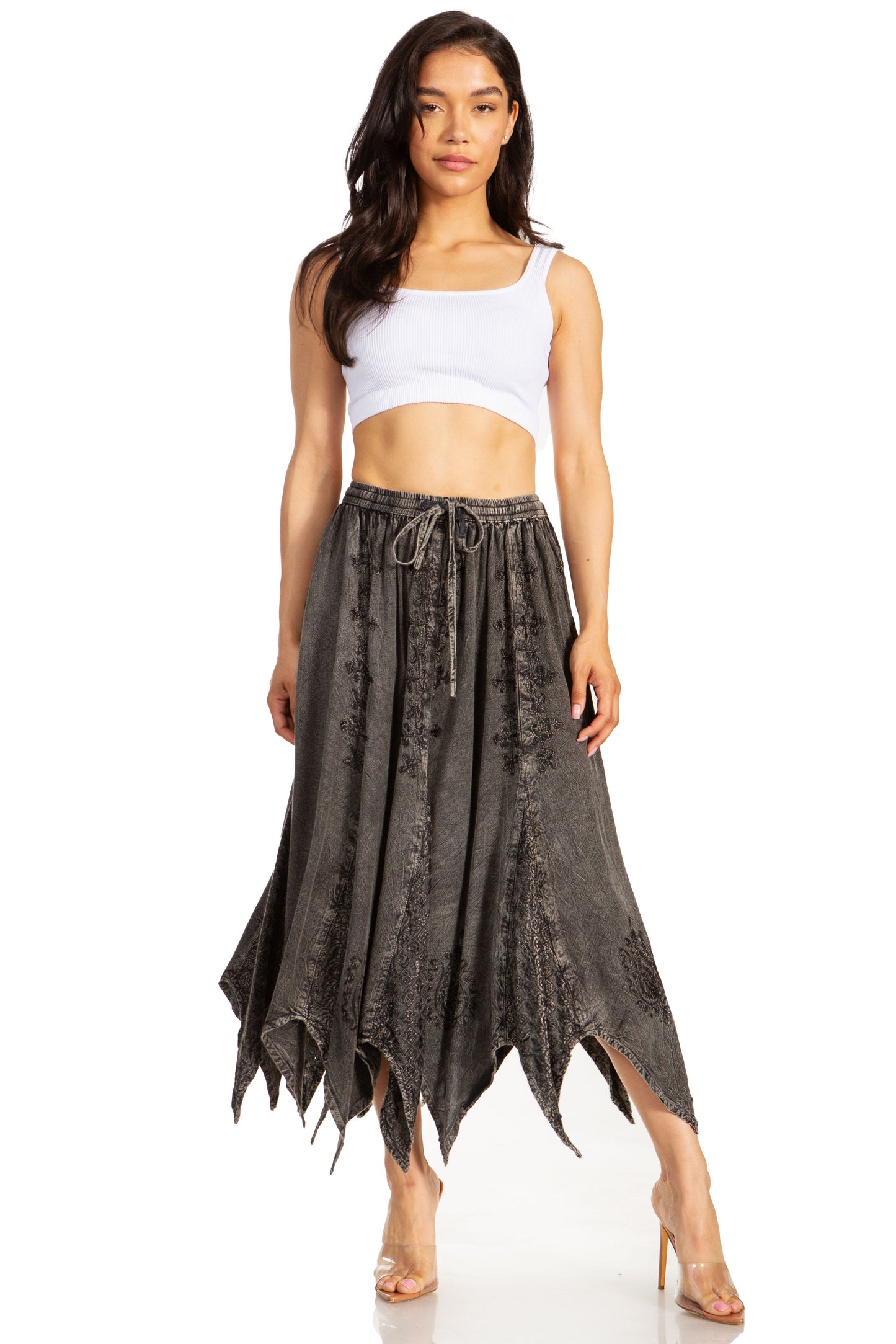 Sakkas Emery Womens Vintage Retro Maxi Rayon Embroidered Zigzag Hem Flowy Skirt - Concordia Style Boutique