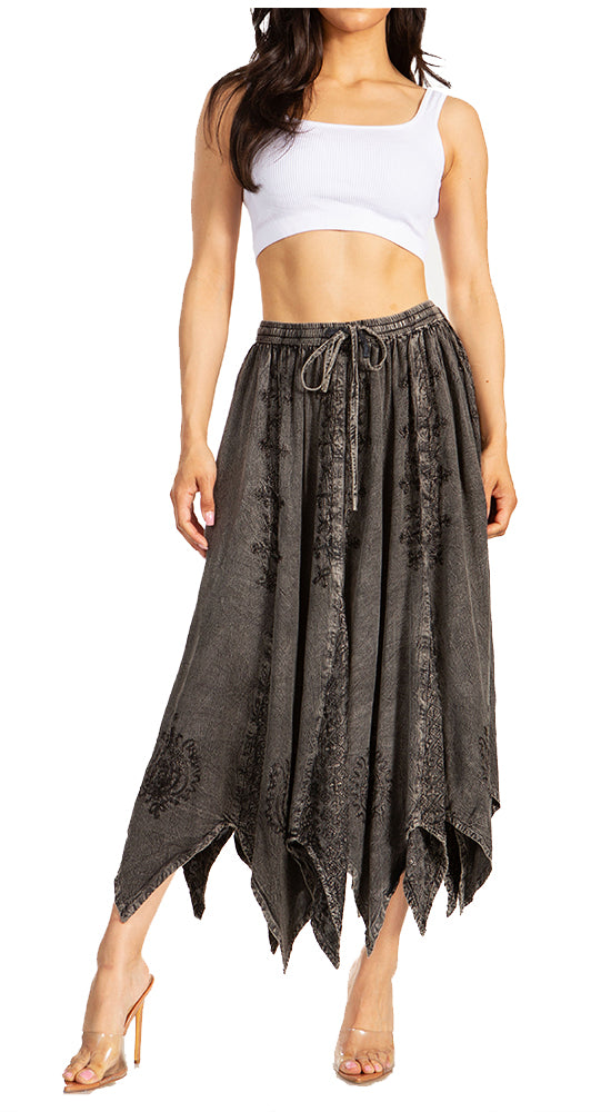 Sakkas Emery Womens Vintage Retro Maxi Rayon Embroidered Zigzag Hem Flowy Skirt - Concordia Style Boutique
