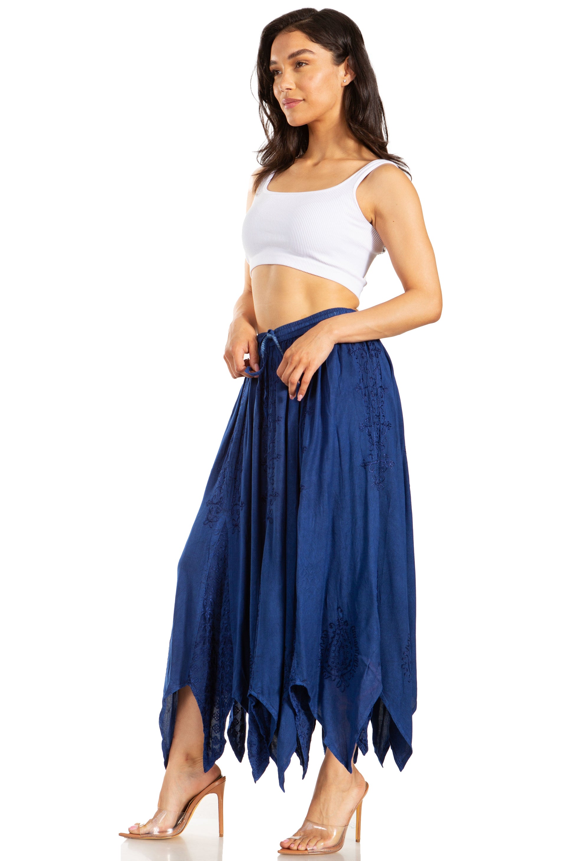 Sakkas Emery Womens Vintage Retro Maxi Rayon Embroidered Zigzag Hem Flowy Skirt - Concordia Style Boutique