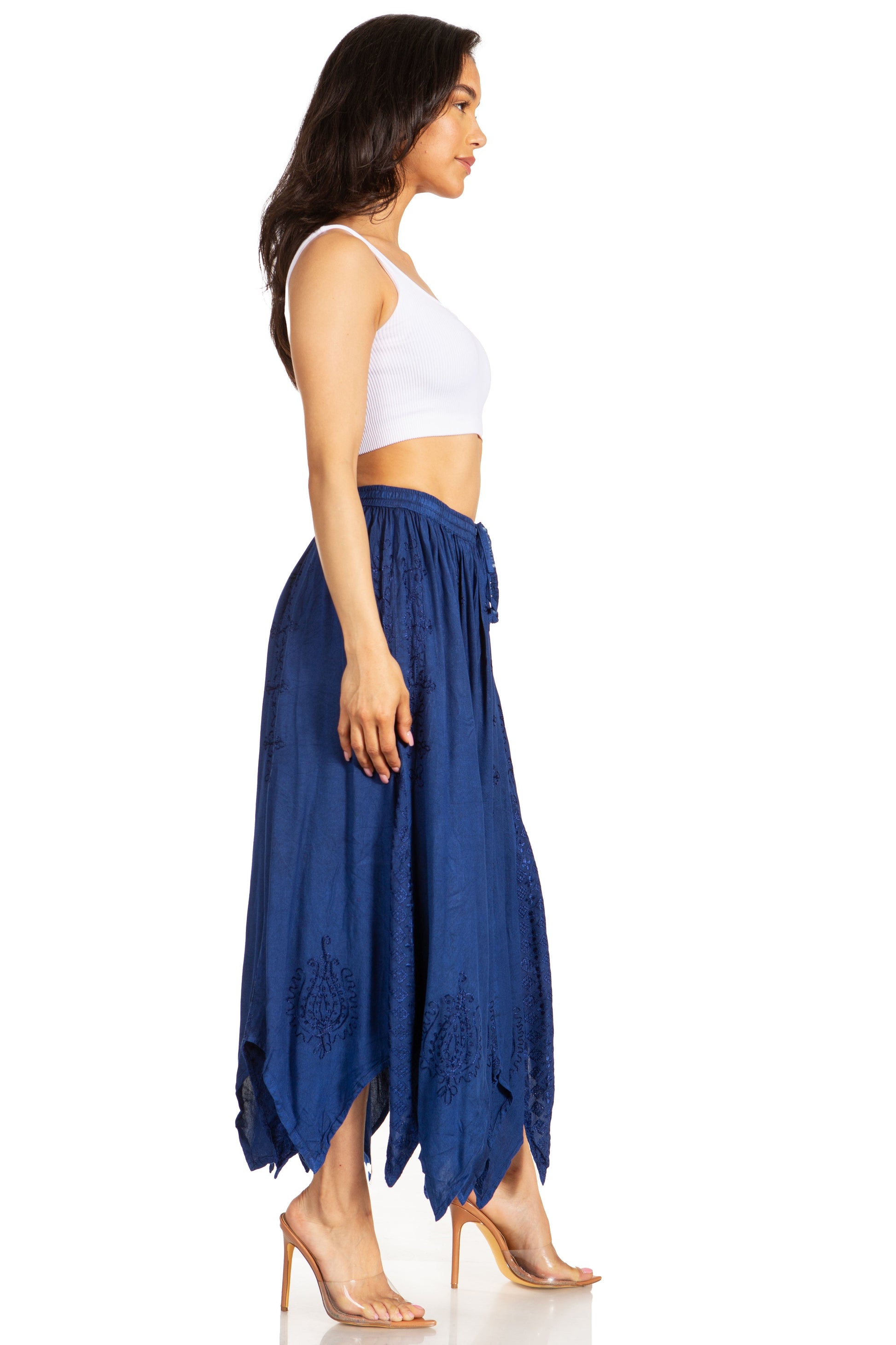 Sakkas Emery Womens Vintage Retro Maxi Rayon Embroidered Zigzag Hem Flowy Skirt - Concordia Style Boutique
