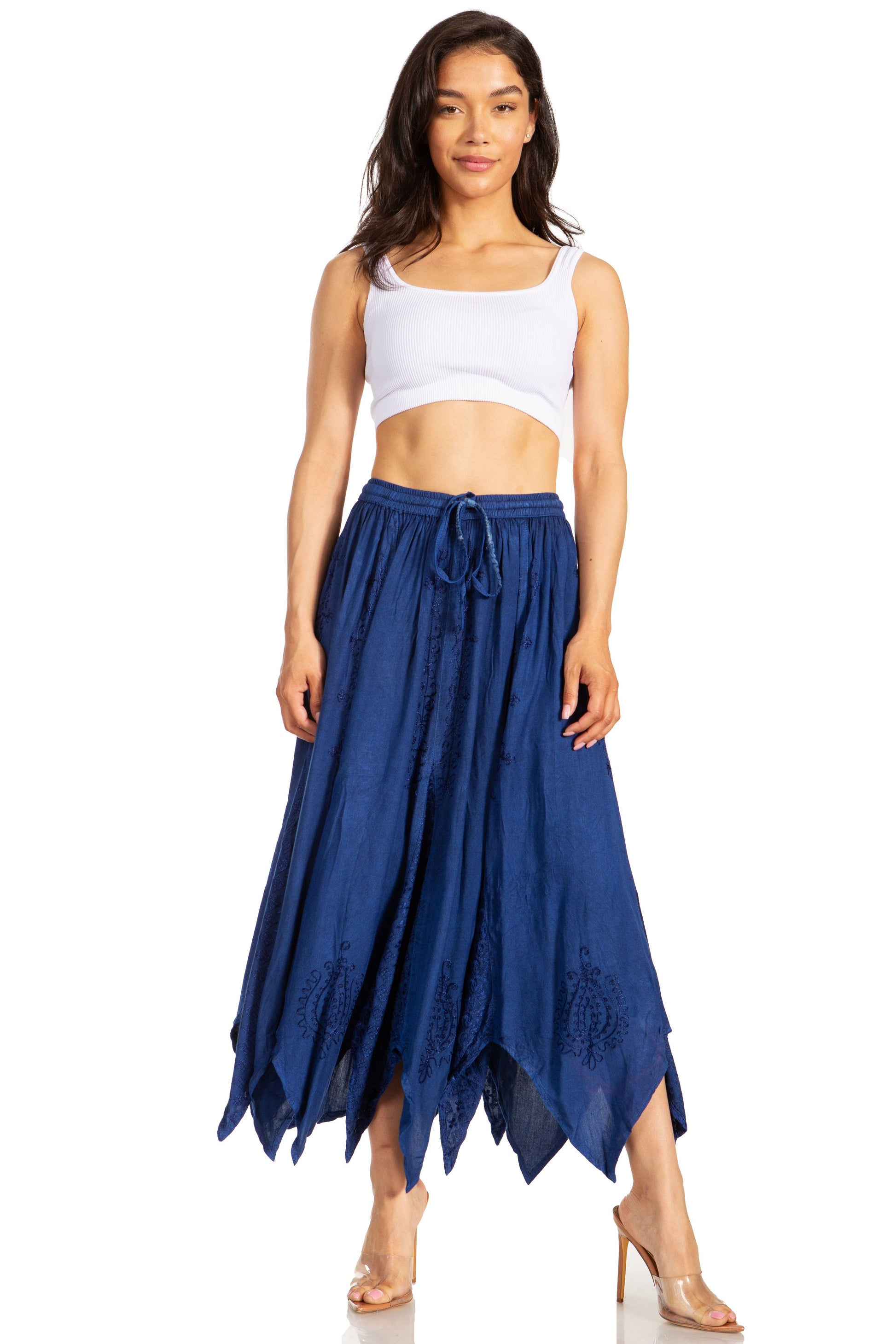 Sakkas Emery Womens Vintage Retro Maxi Rayon Embroidered Zigzag Hem Flowy Skirt - Concordia Style Boutique