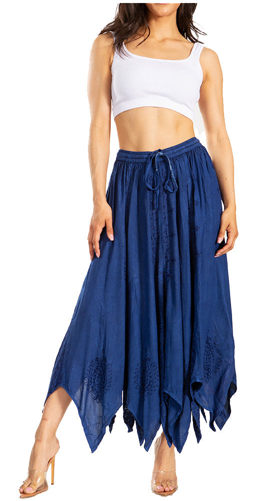 Sakkas Emery Womens Vintage Retro Maxi Rayon Embroidered Zigzag Hem Flowy Skirt - Concordia Style Boutique