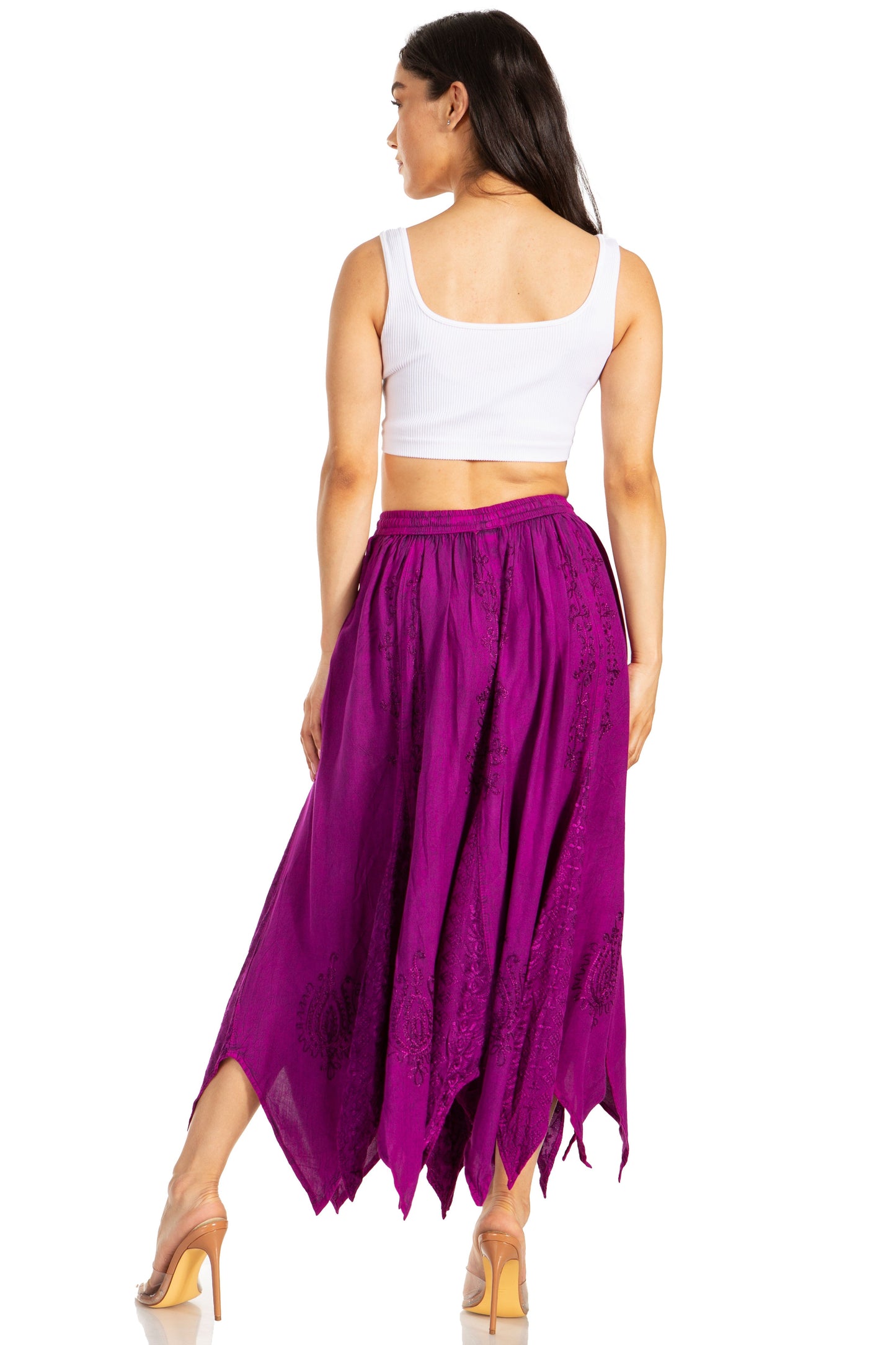 Sakkas Emery Womens Vintage Retro Maxi Rayon Embroidered Zigzag Hem Flowy Skirt - Concordia Style Boutique