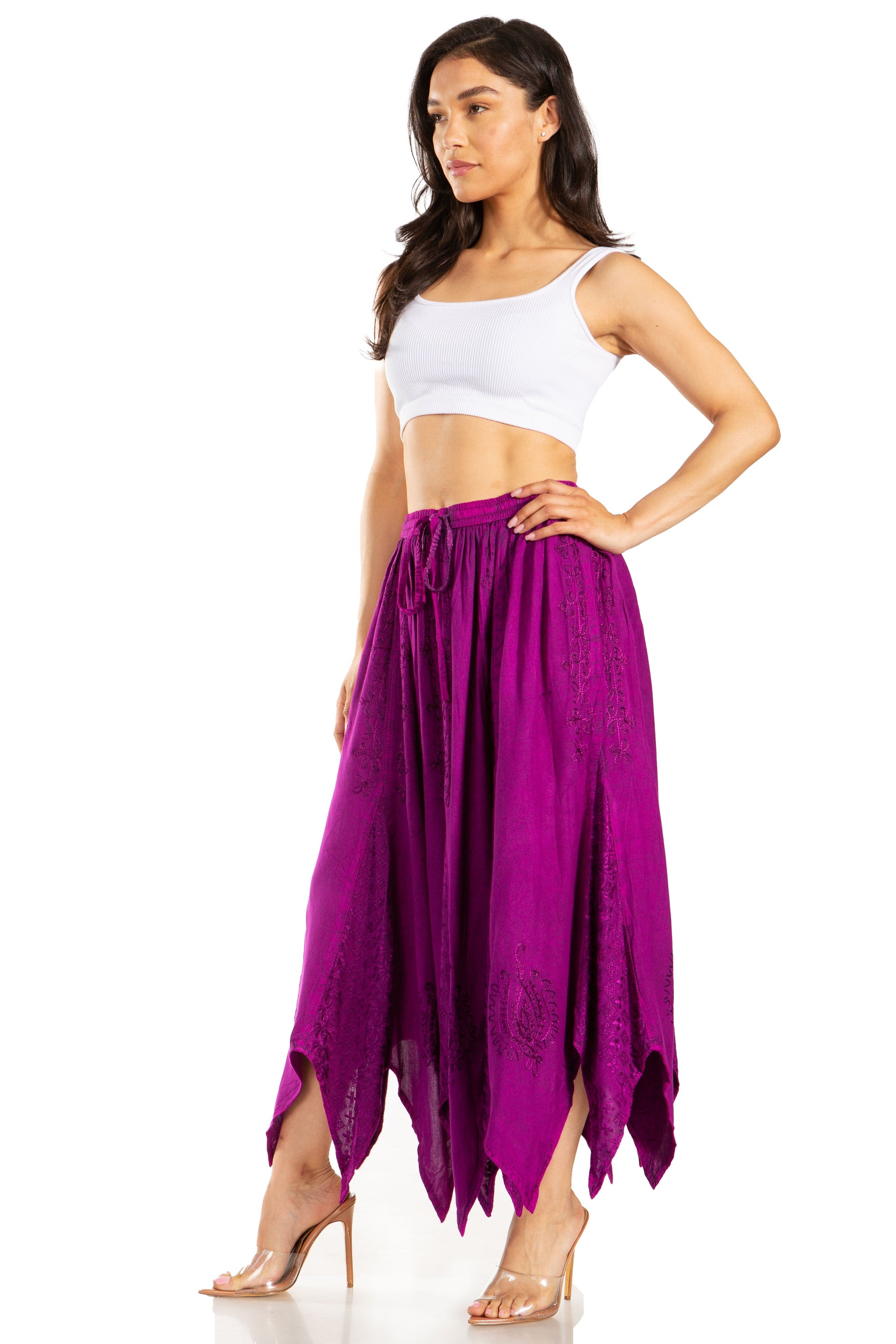 Sakkas Emery Womens Vintage Retro Maxi Rayon Embroidered Zigzag Hem Flowy Skirt - Concordia Style Boutique