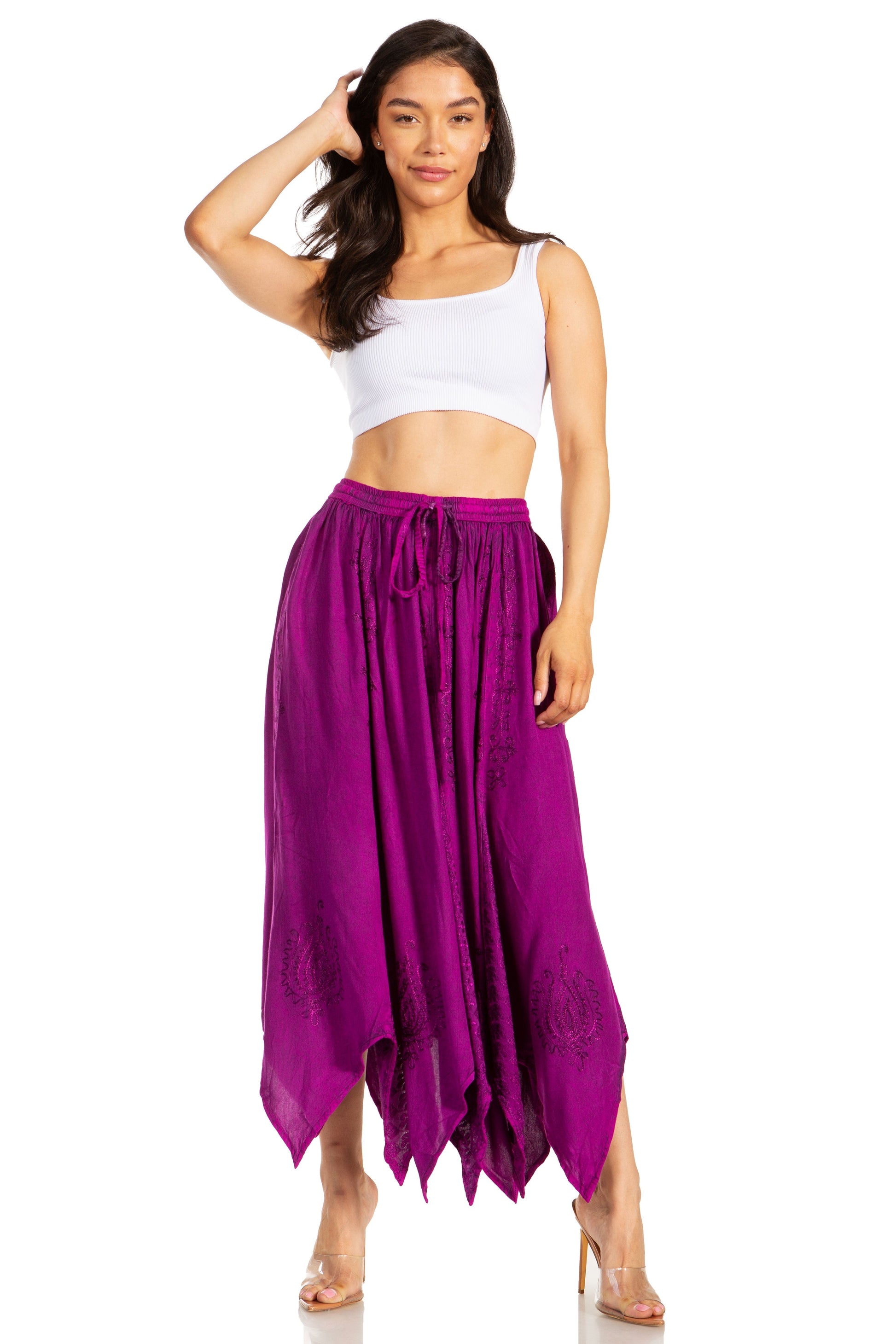 Sakkas Emery Womens Vintage Retro Maxi Rayon Embroidered Zigzag Hem Flowy Skirt - Concordia Style Boutique