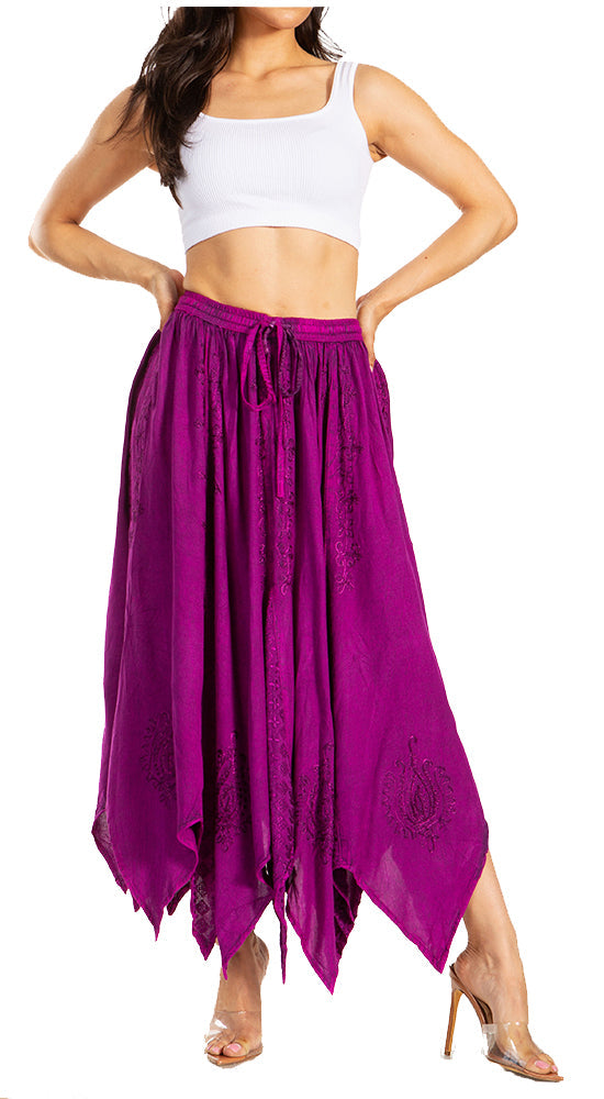 Sakkas Emery Womens Vintage Retro Maxi Rayon Embroidered Zigzag Hem Flowy Skirt - Concordia Style Boutique