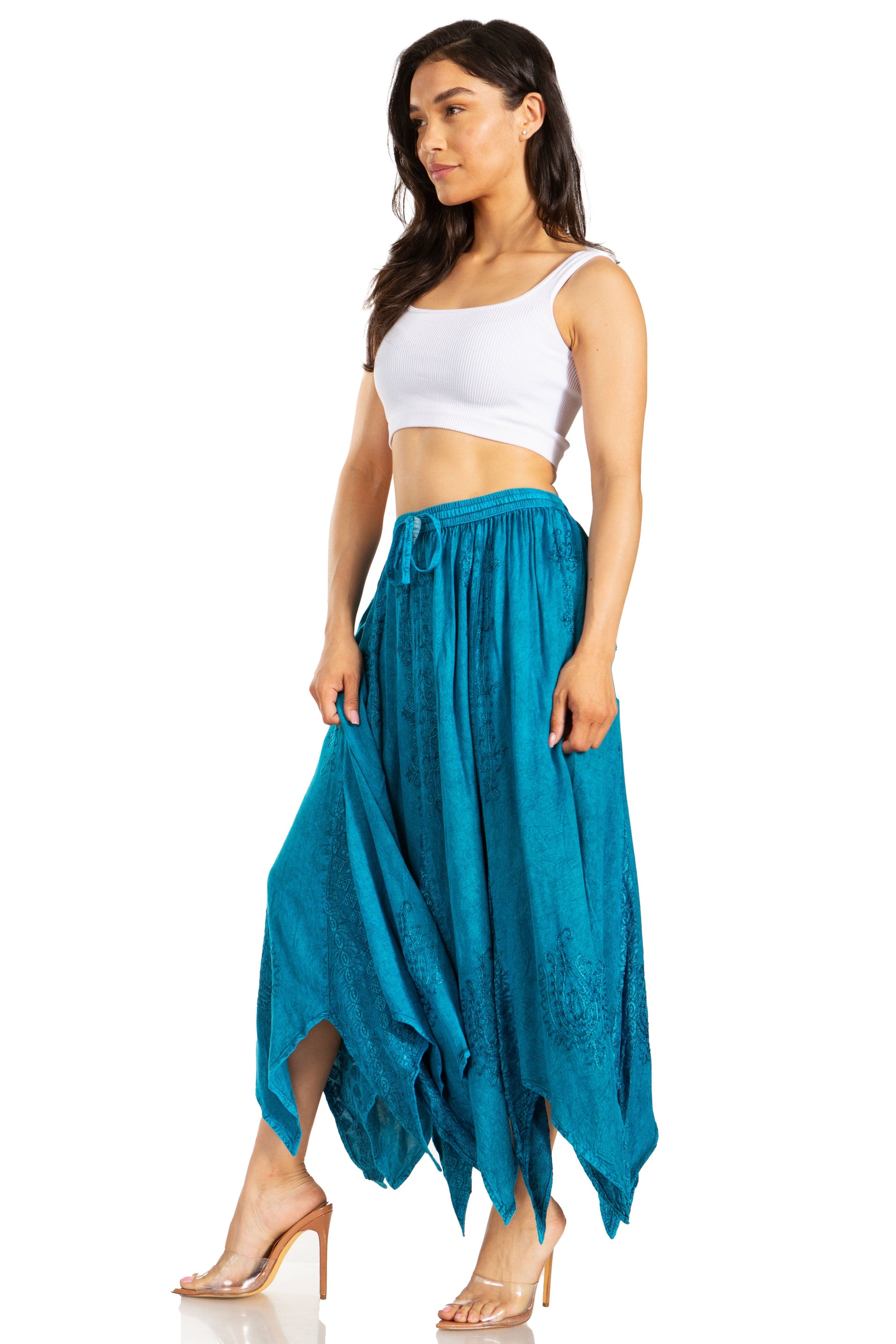 Sakkas Emery Womens Vintage Retro Maxi Rayon Embroidered Zigzag Hem Flowy Skirt - Concordia Style Boutique