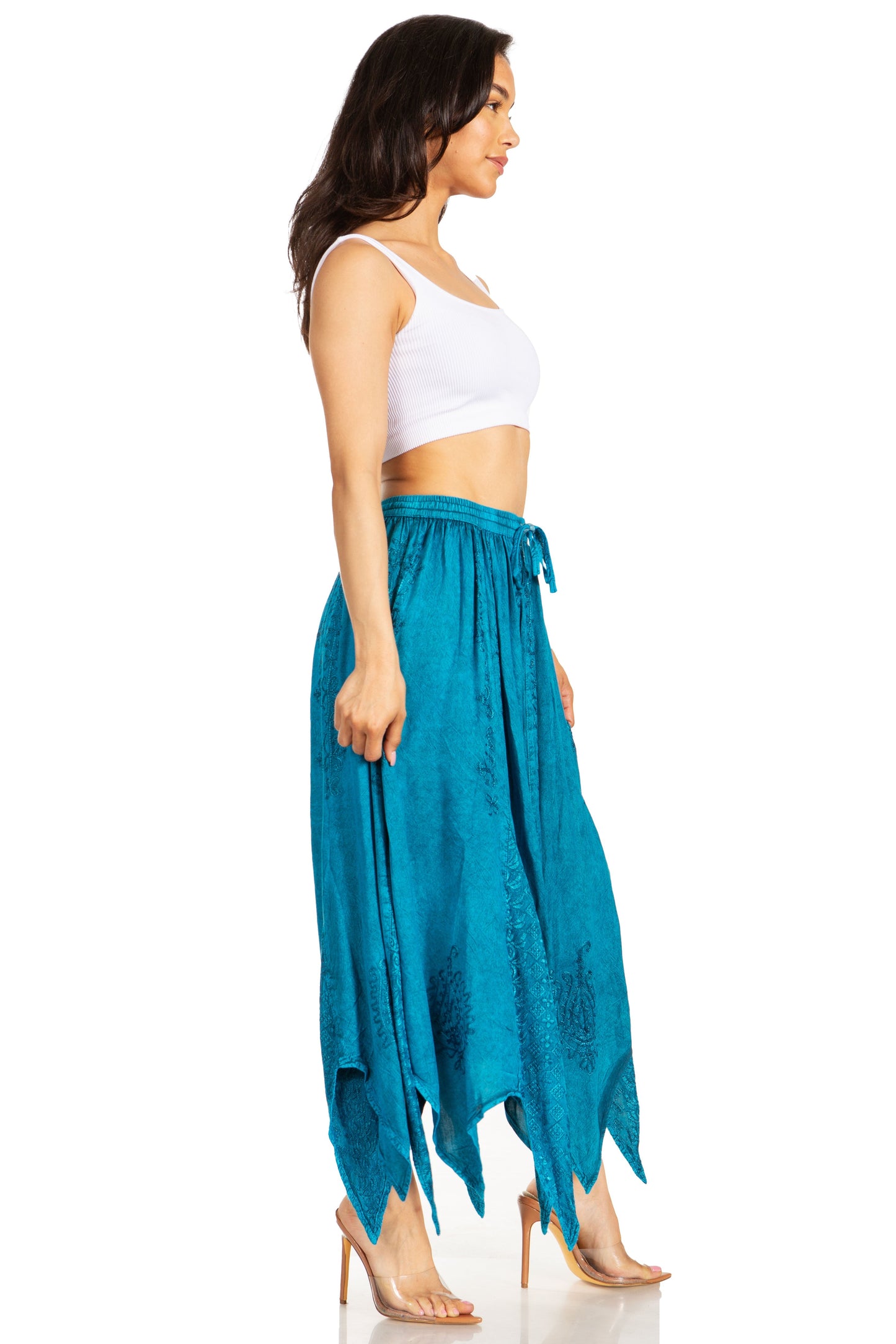 Sakkas Emery Womens Vintage Retro Maxi Rayon Embroidered Zigzag Hem Flowy Skirt - Concordia Style Boutique