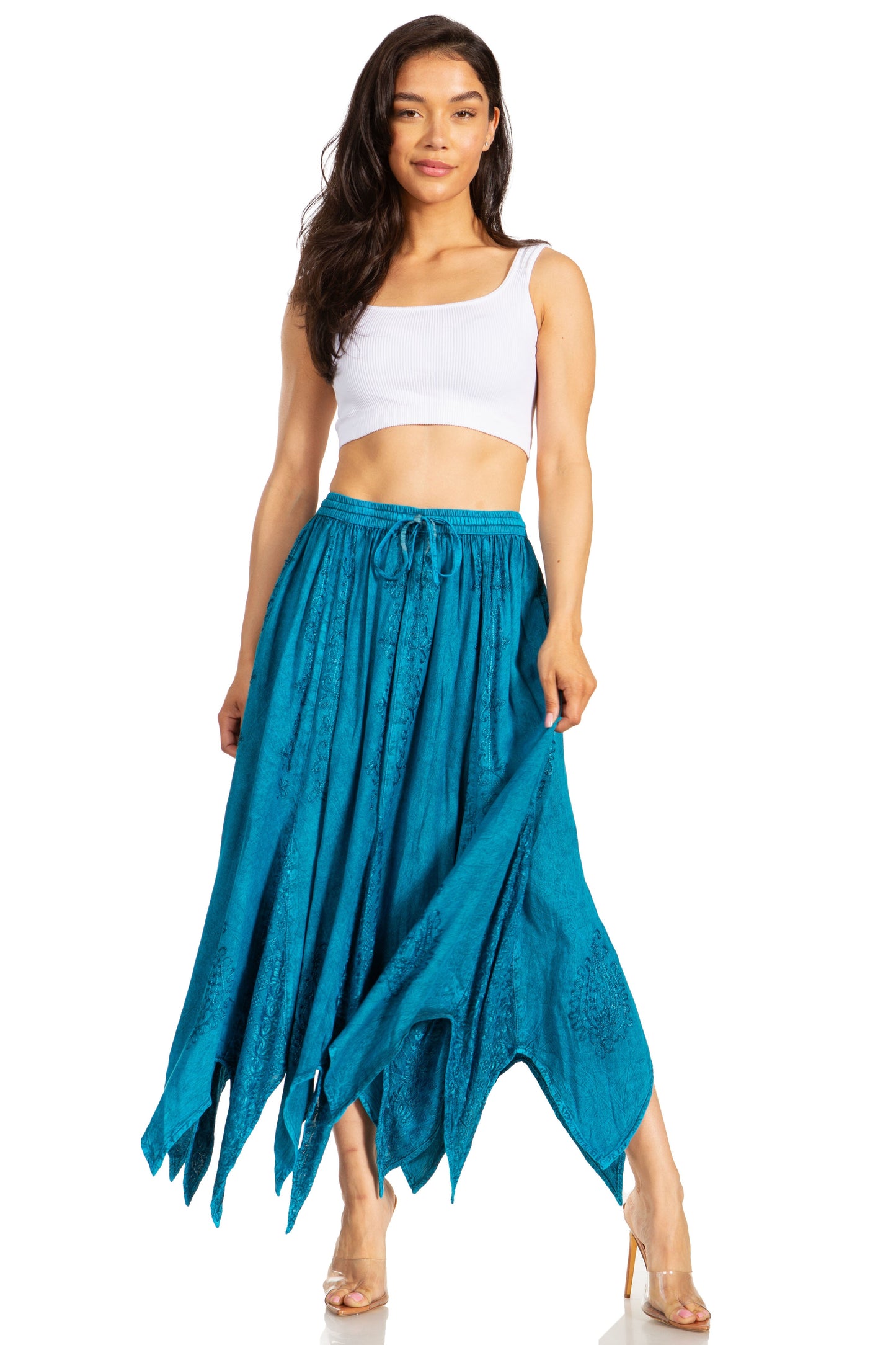 Sakkas Emery Womens Vintage Retro Maxi Rayon Embroidered Zigzag Hem Flowy Skirt - Concordia Style Boutique