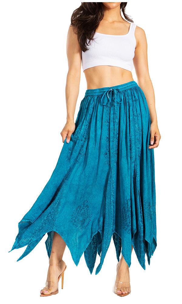 Sakkas Emery Womens Vintage Retro Maxi Rayon Embroidered Zigzag Hem Flowy Skirt - Concordia Style Boutique
