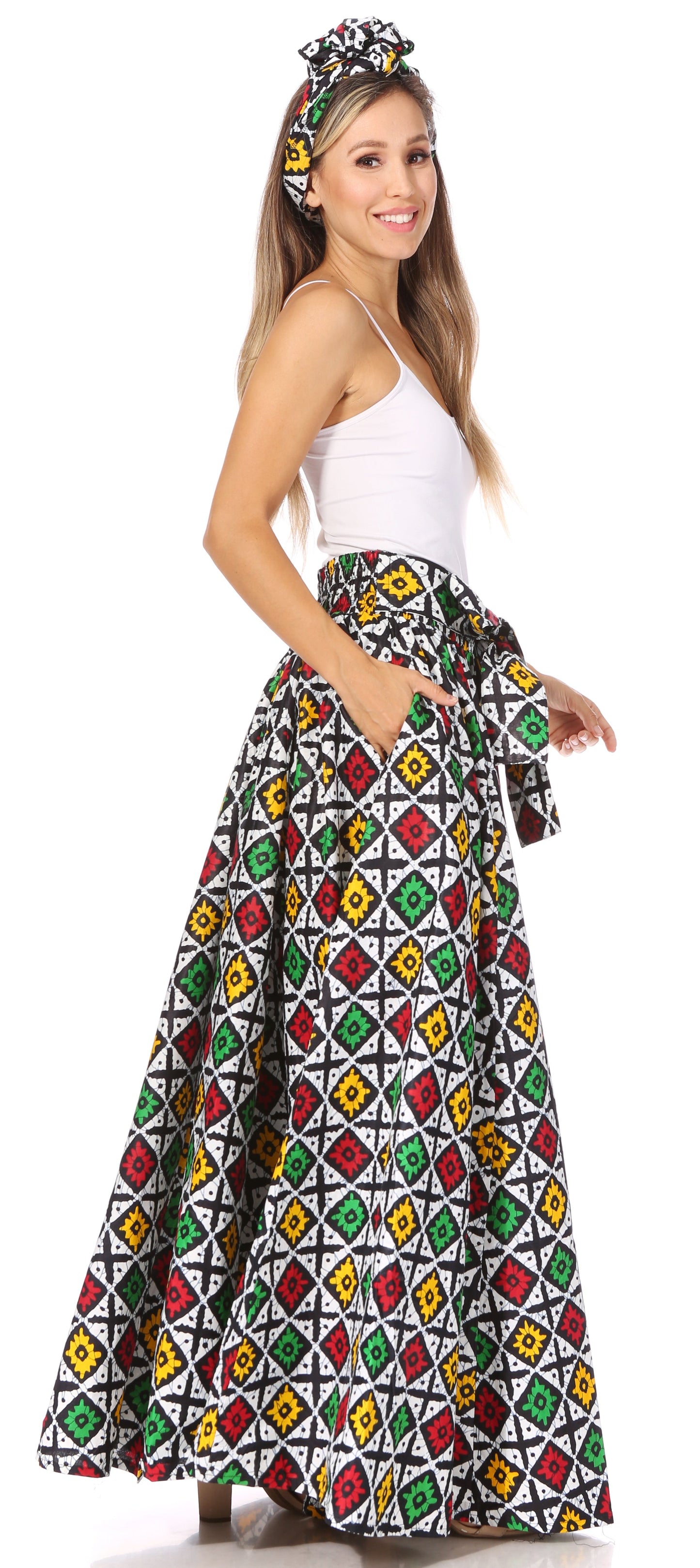 Sakkas Asma's Second Convertible Traditional Wax Print Maxi Skirt with Adjustable Straps - Concordia Style Boutique