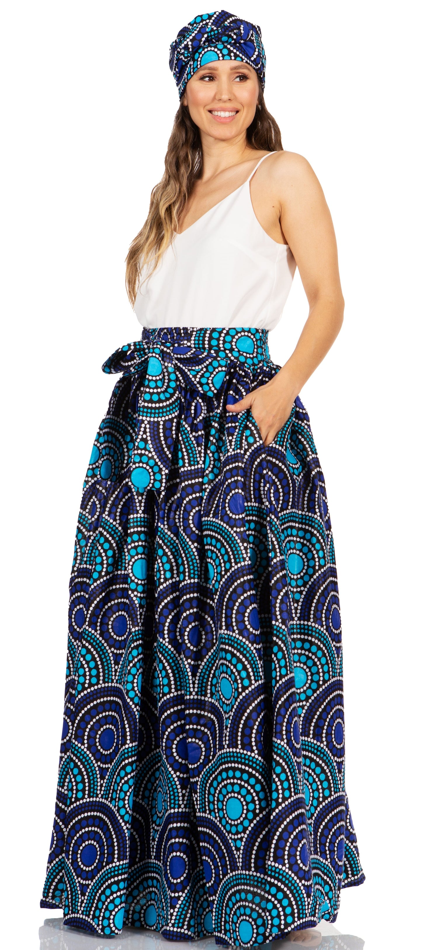 Sakkas Asma's Second Convertible Traditional Wax Print Maxi Skirt with Adjustable Straps - Concordia Style Boutique
