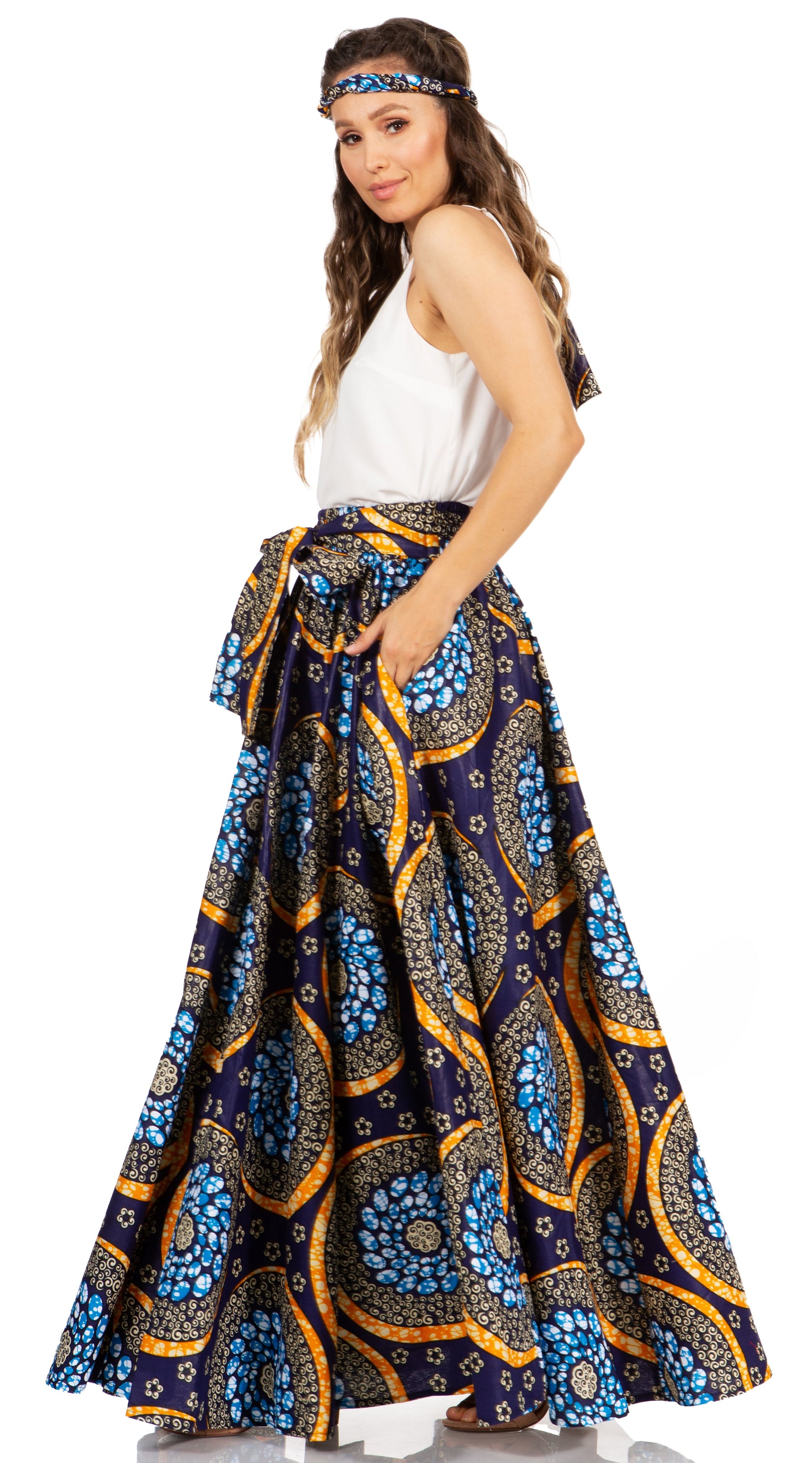 Sakkas Asma's Second Convertible Traditional Wax Print Maxi Skirt with Adjustable Straps - Concordia Style Boutique