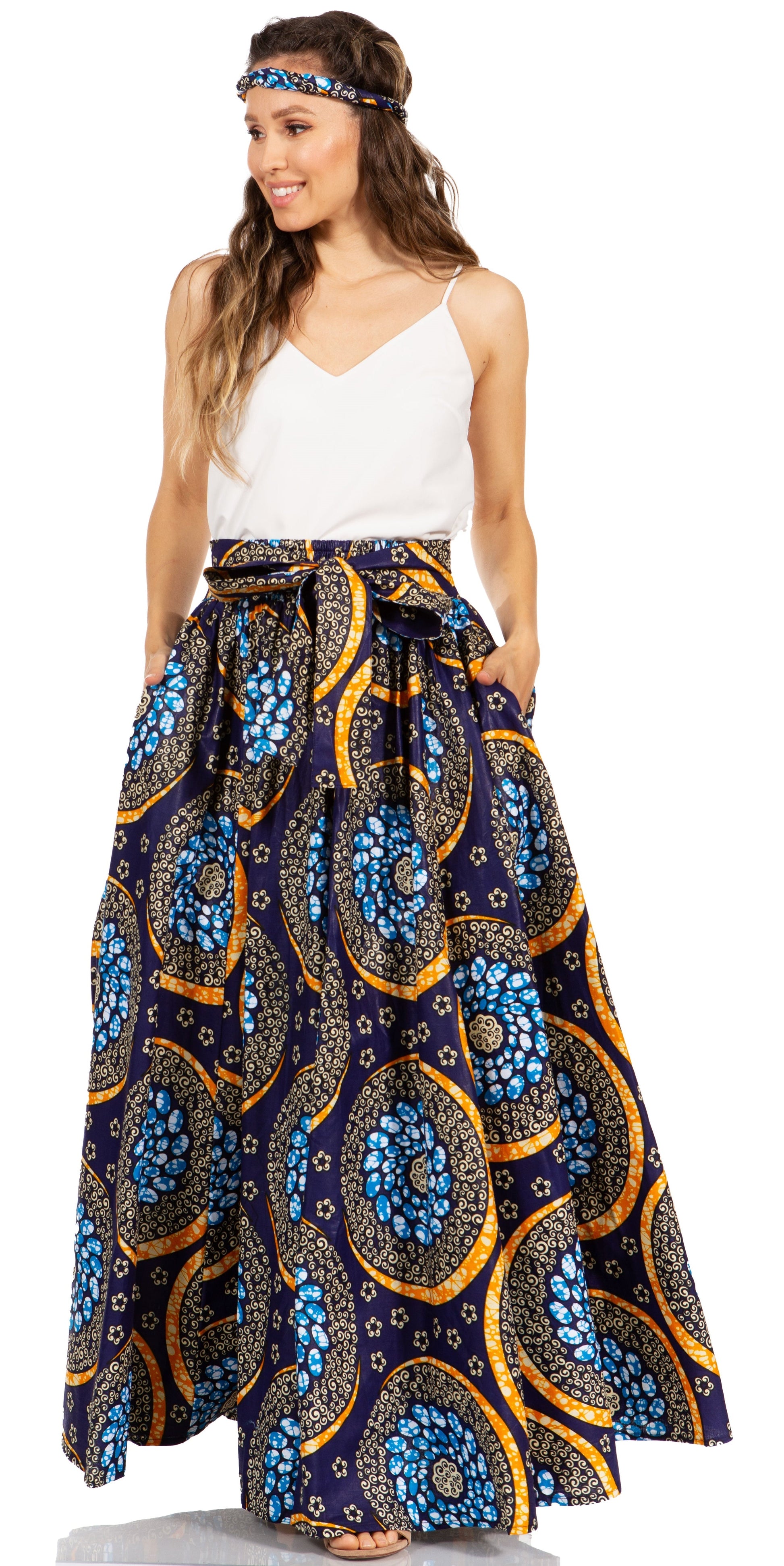 Sakkas Asma's Second Convertible Traditional Wax Print Maxi Skirt with Adjustable Straps - Concordia Style Boutique