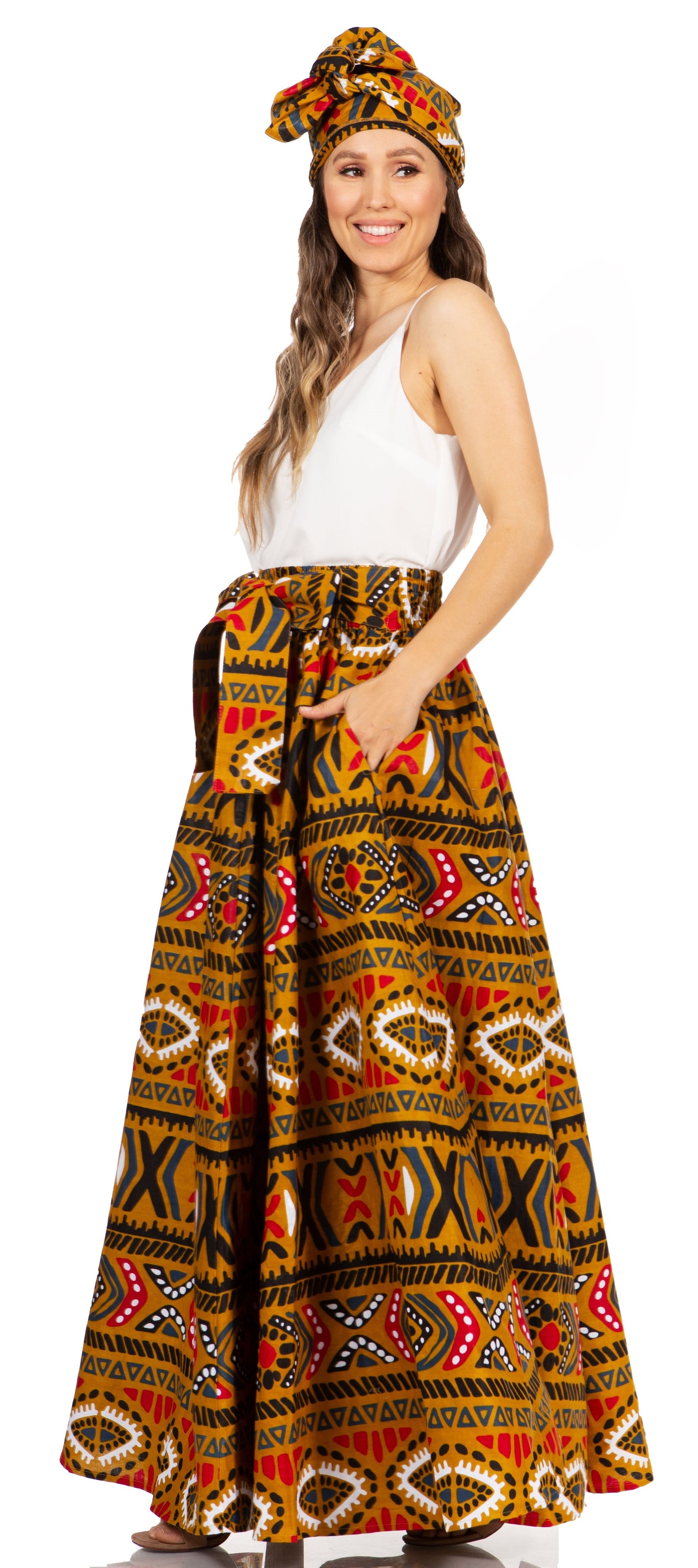 Sakkas Asma's Second Convertible Traditional Wax Print Maxi Skirt with Adjustable Straps - Concordia Style Boutique