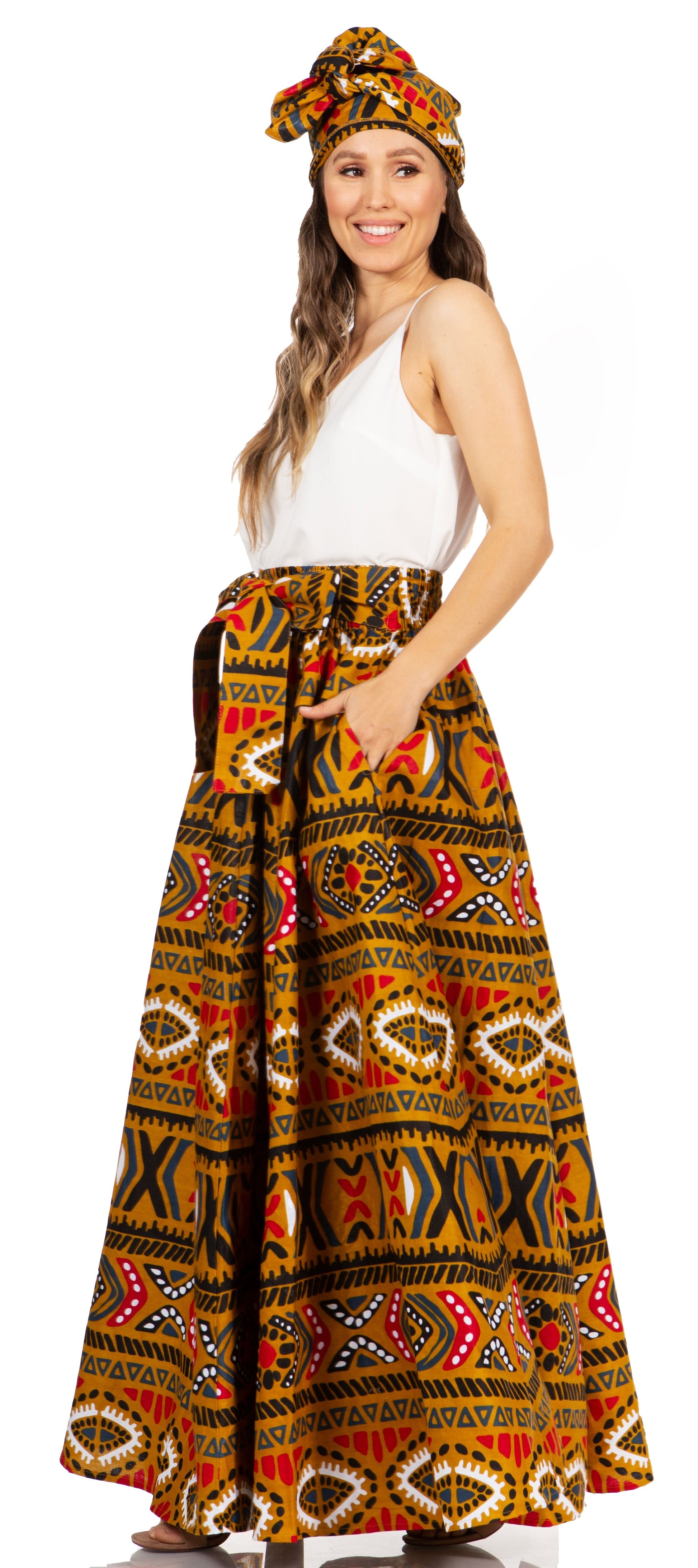 Sakkas Asma's Second Convertible Traditional Wax Print Maxi Skirt with Adjustable Straps - Concordia Style Boutique