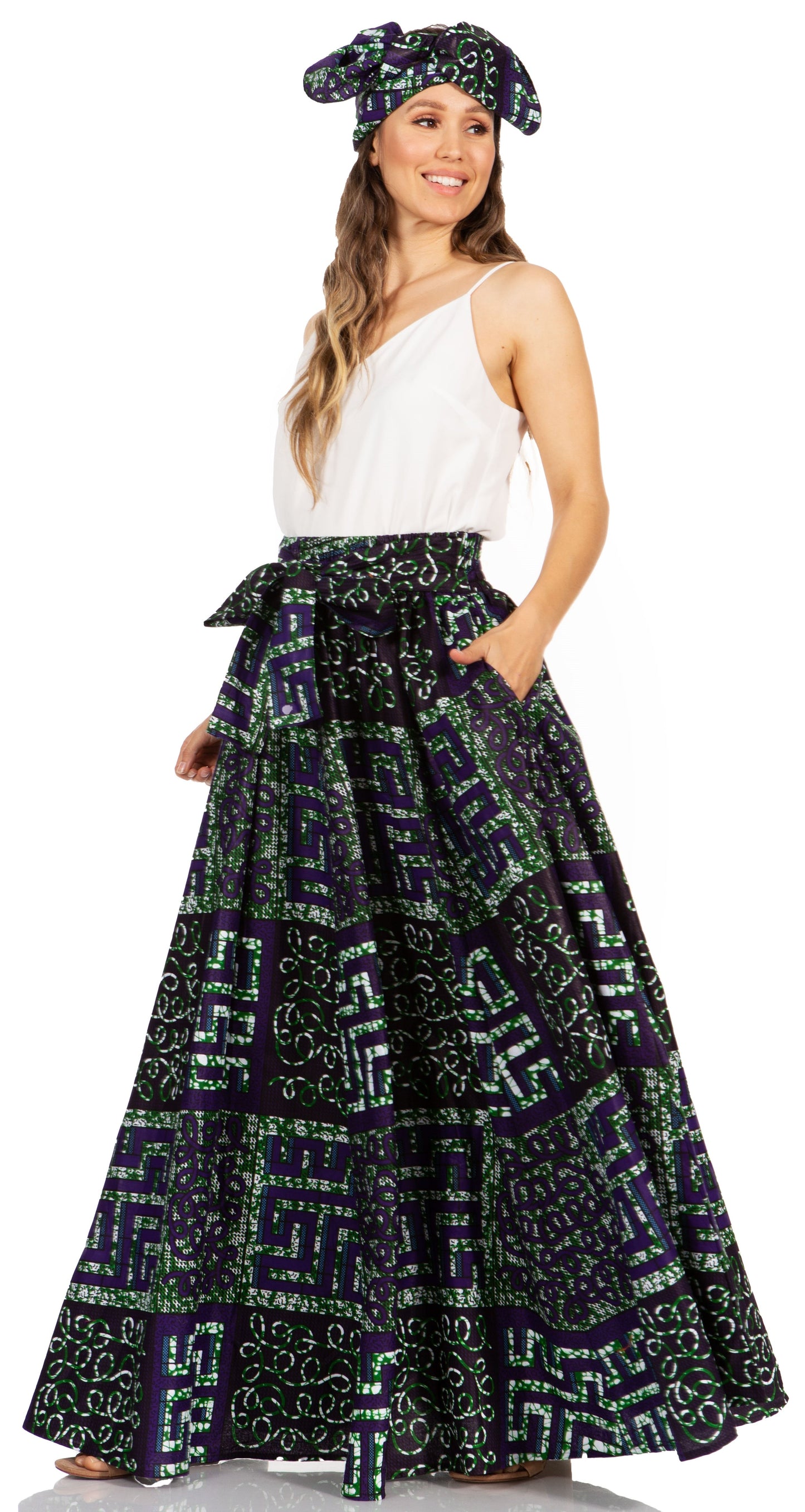 Sakkas Asma's Second Convertible Traditional Wax Print Maxi Skirt with Adjustable Straps - Concordia Style Boutique
