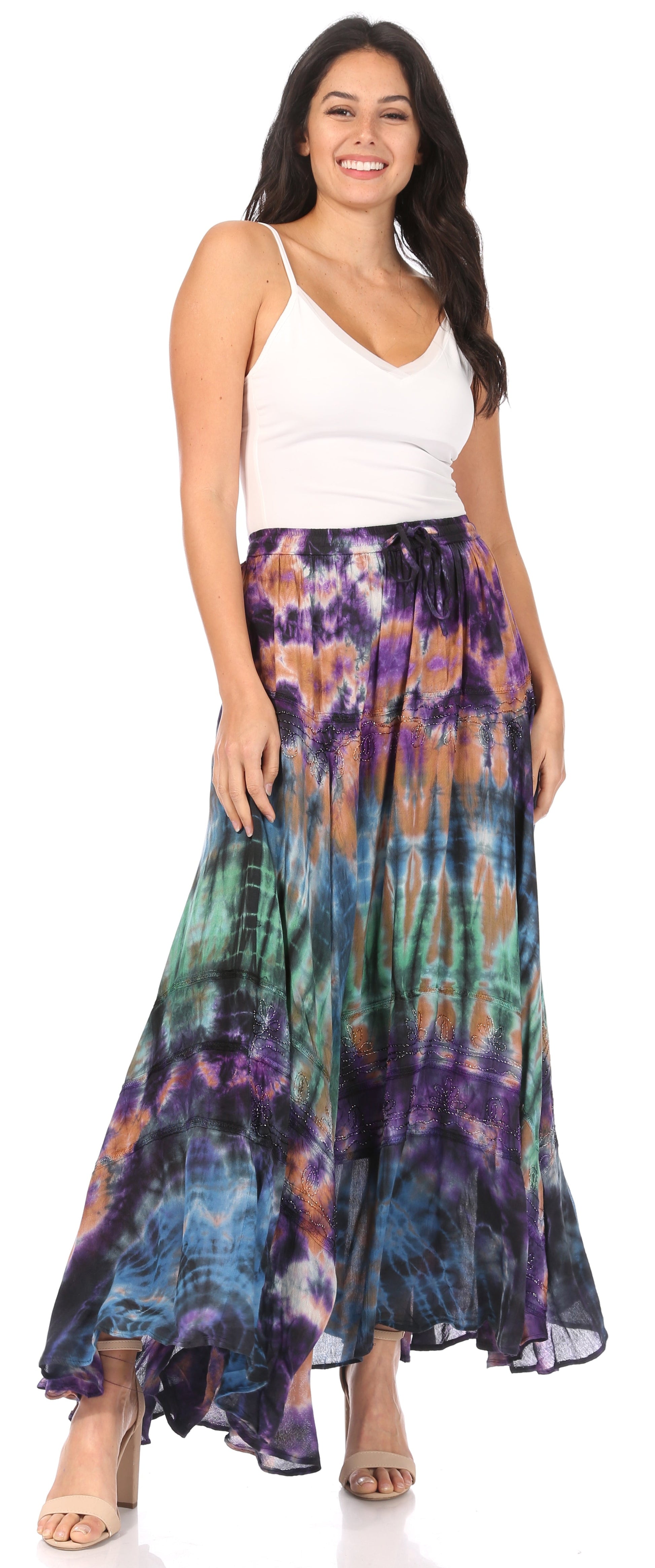 Sakkas Ester Womens Simple Boho Maxi Full circle Tie-dye Skirt with Elastic Waist - Concordia Style Boutique