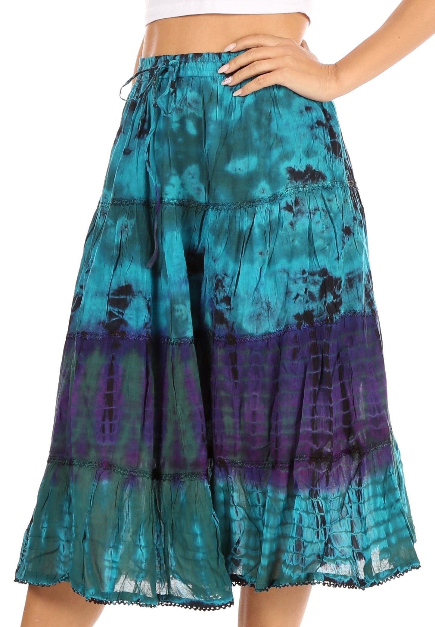 Sakkas Antonia Women's Skirt Tie Dye Boho Elastic Waist Adjustable Embroidery - Concordia Style Boutique