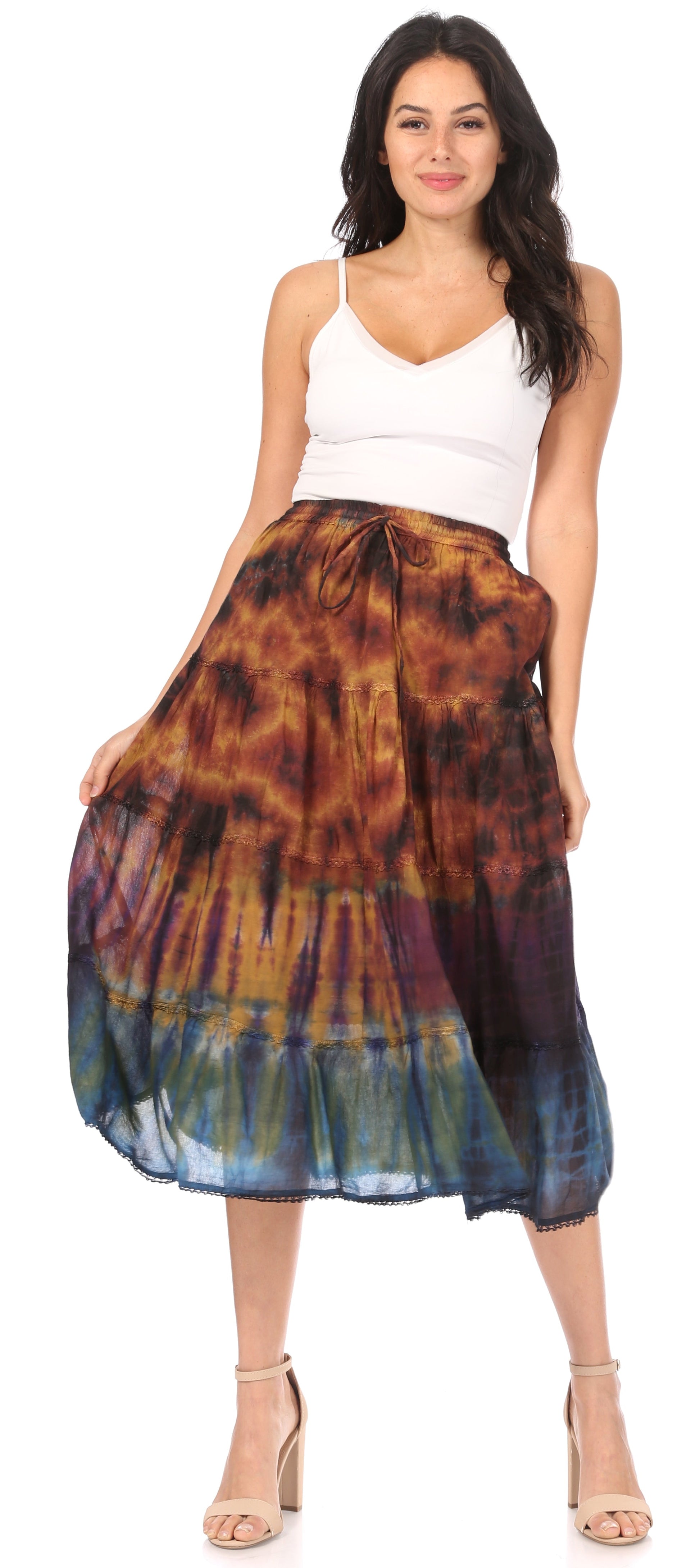Sakkas Antonia Women's Skirt Tie Dye Boho Elastic Waist Adjustable Embroidery - Concordia Style Boutique