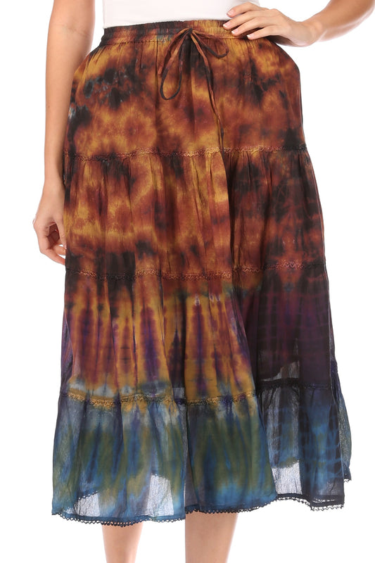 Sakkas Antonia Women's Skirt Tie Dye Boho Elastic Waist Adjustable Embroidery - Concordia Style Boutique