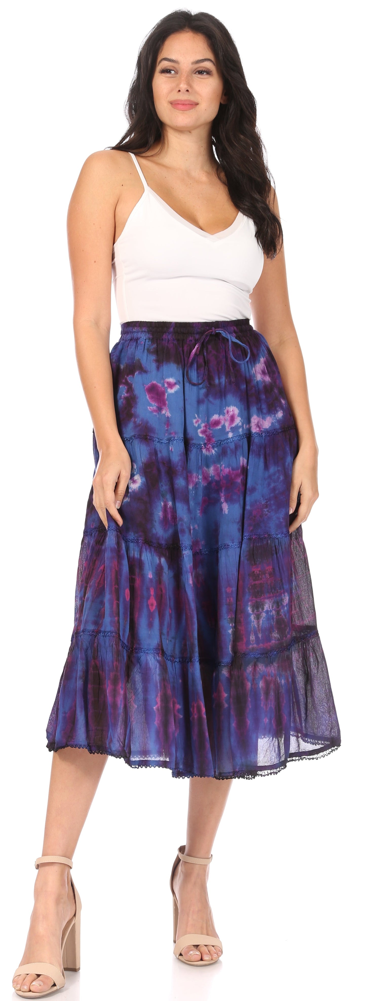 Sakkas Antonia Women's Skirt Tie Dye Boho Elastic Waist Adjustable Embroidery - Concordia Style Boutique